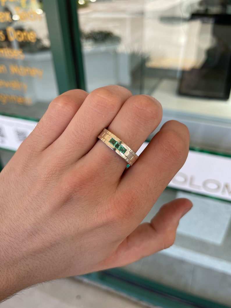 0.60tcw Channel Set Princess Cut Three Stone Bezel Set Hand Carved Wedding Sterling Silver Solid Mens Band Ring - JR Colombian Emeralds