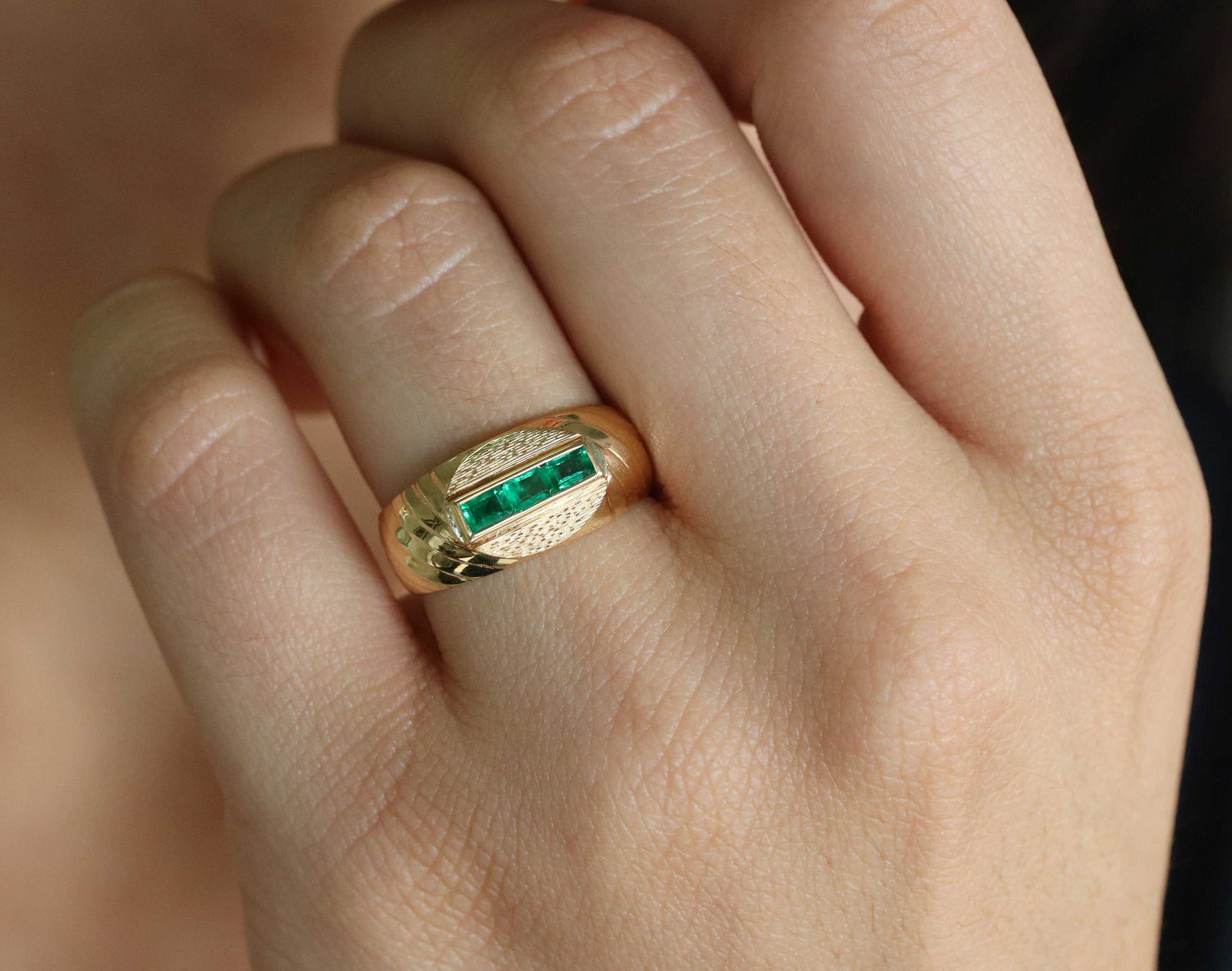 0.60tcw Deep Green Emerald Channel Set Mens Ring 14K