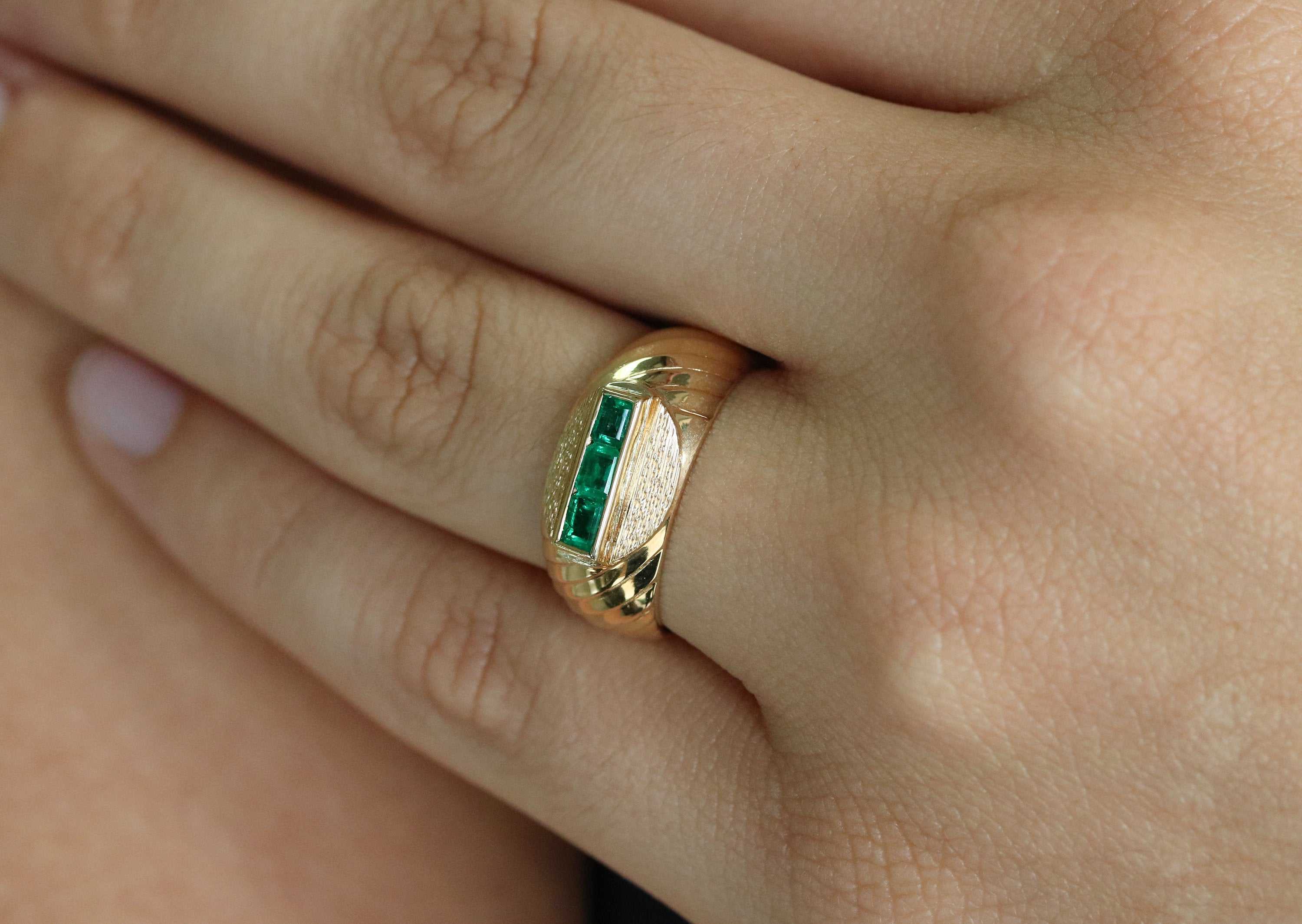 0.60tcw Deep Green Emerald Channel Set Mens Ring 14K