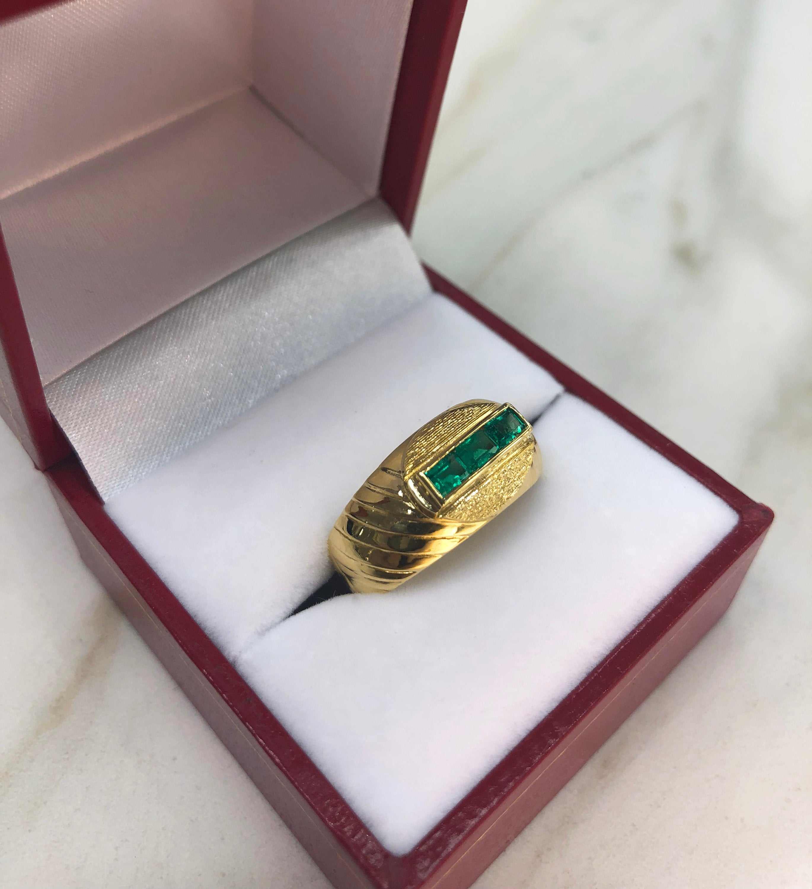 0.60tcw Deep Green Emerald Channel Set Mens Ring 14K