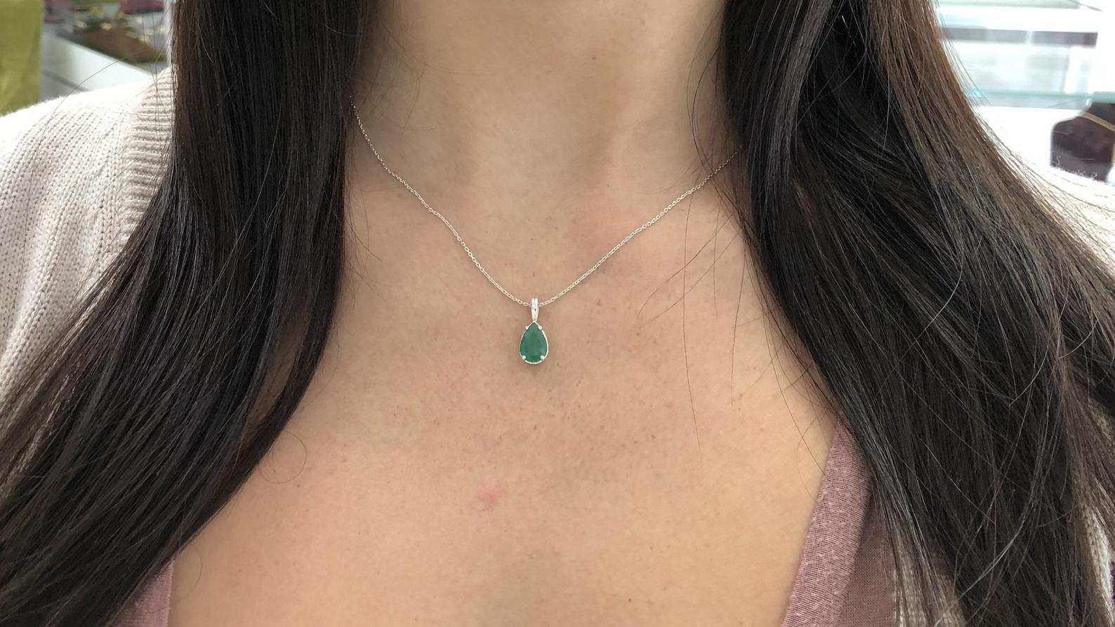 2.27 Carat Earth Mined Emerald Teardrop Pear Silver Necklace