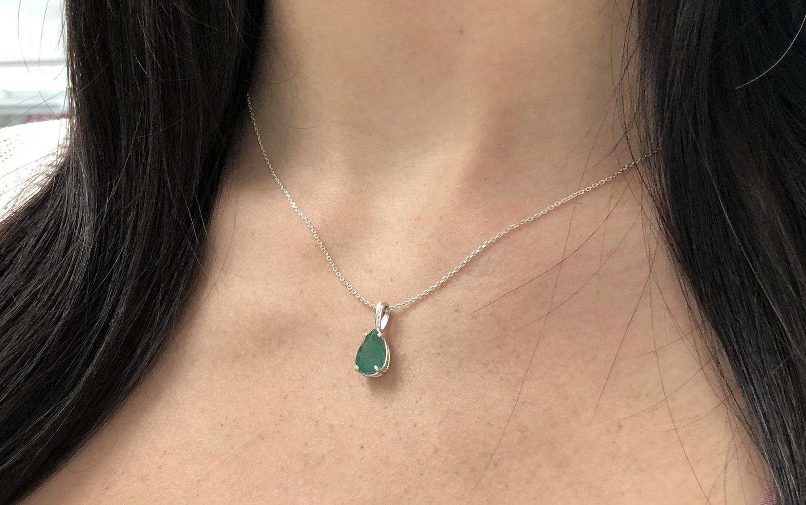 2.27 Carat Earth Mined Emerald Teardrop Pear Silver Necklace