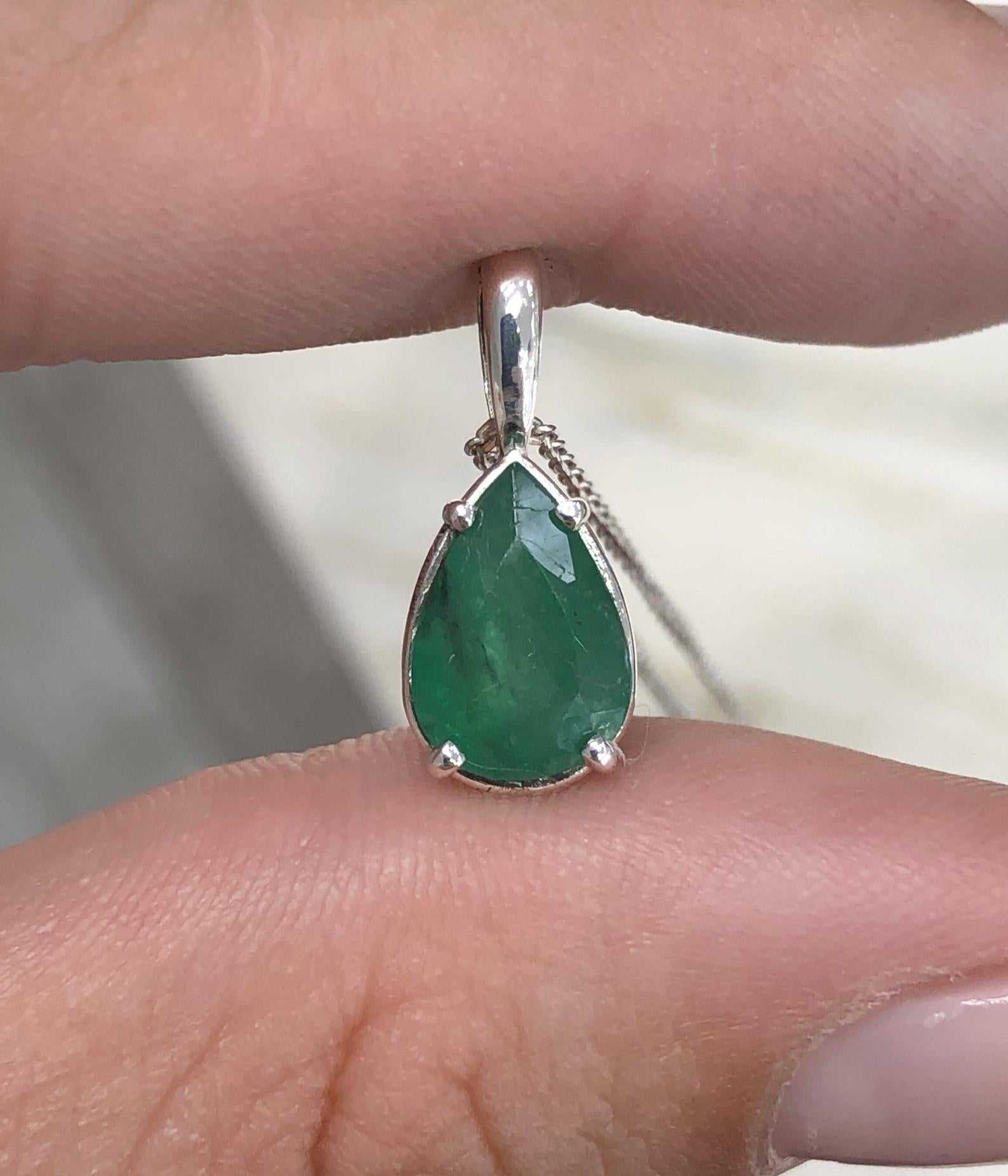 2.27 Carat Earth Mined Emerald Teardrop Pear Silver Necklace