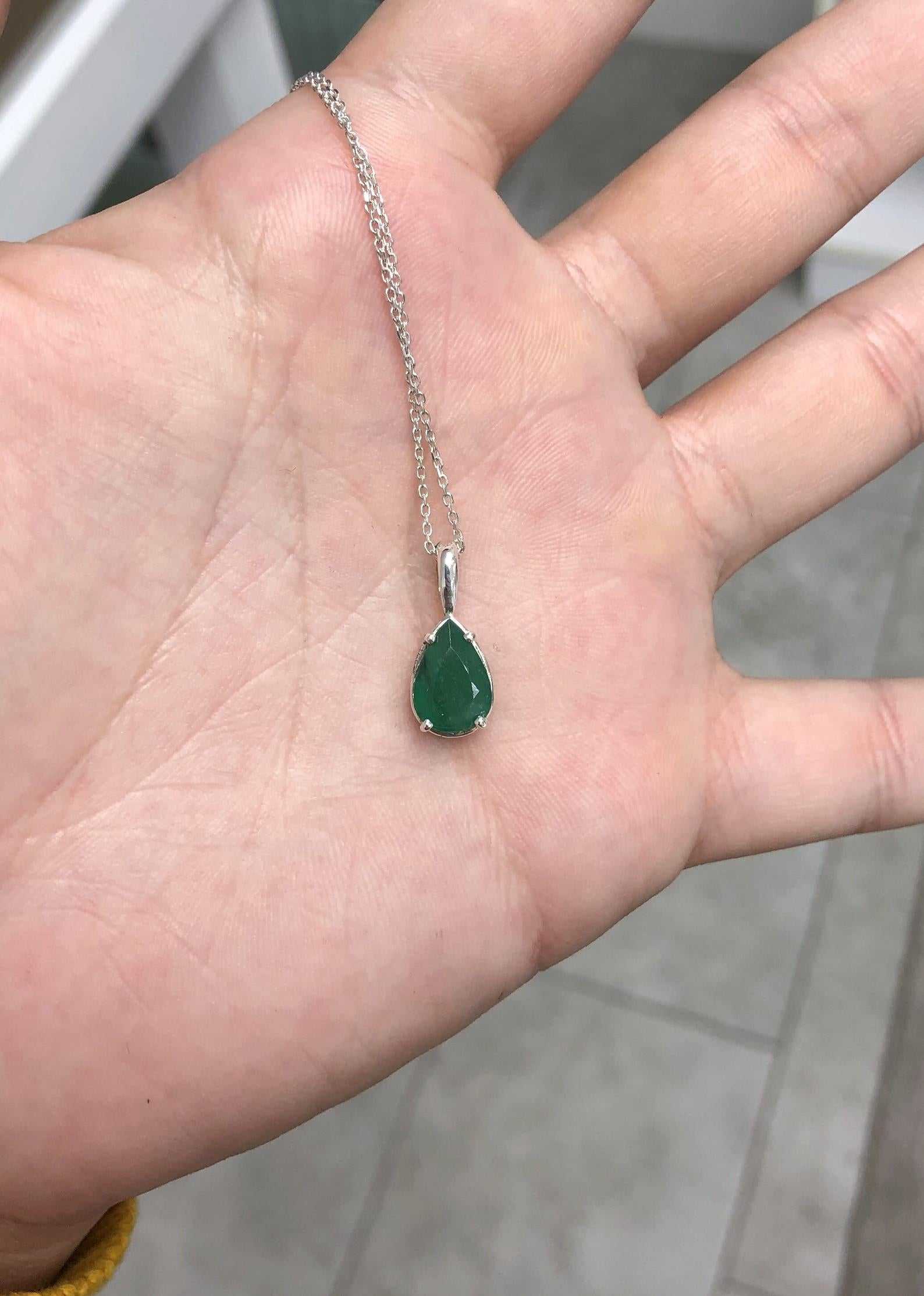 2.27 Carat Earth Mined Emerald Teardrop Pear Silver Necklace