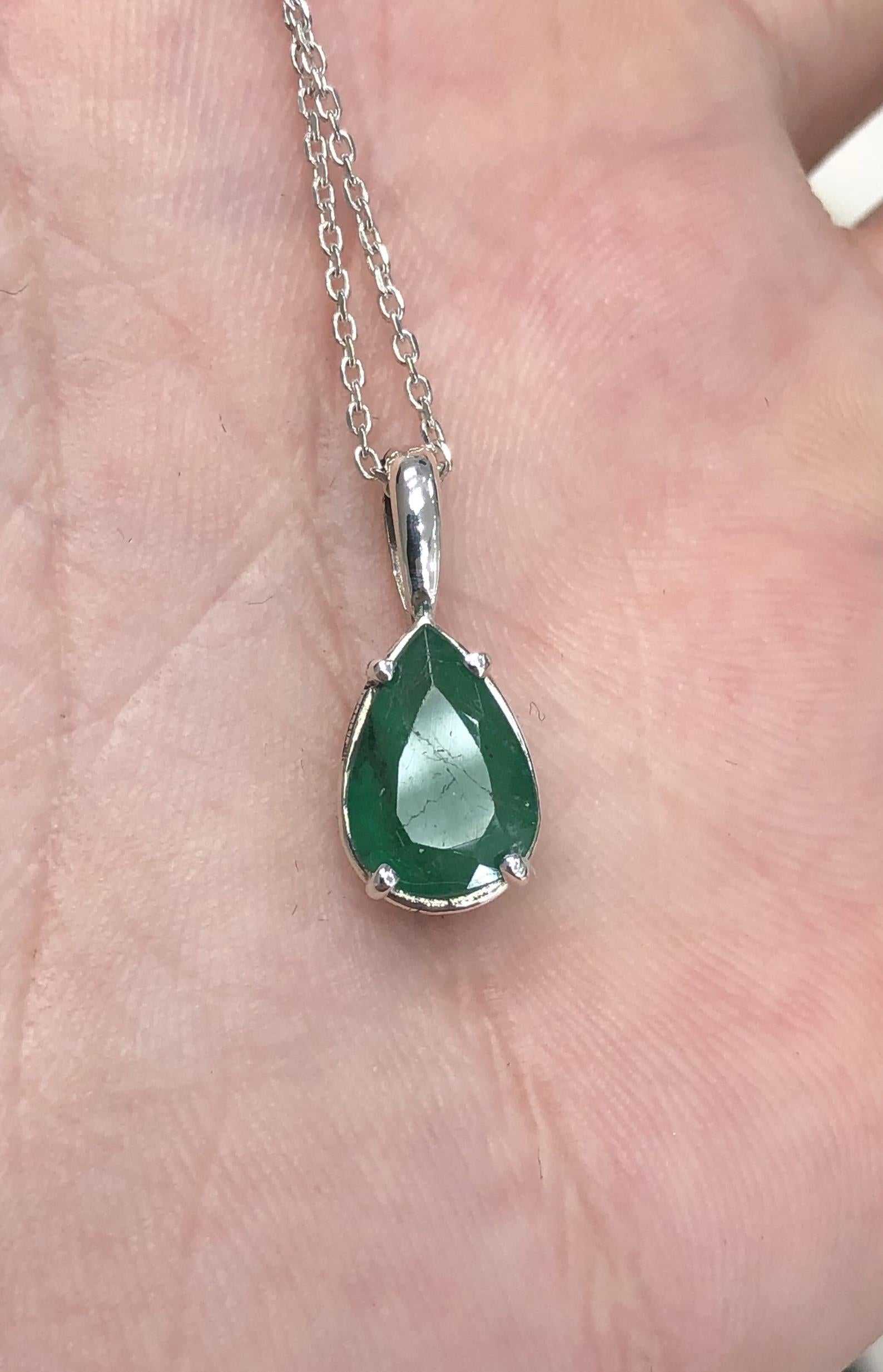 2.27 Carat Earth Mined Emerald Teardrop Pear Silver Necklace