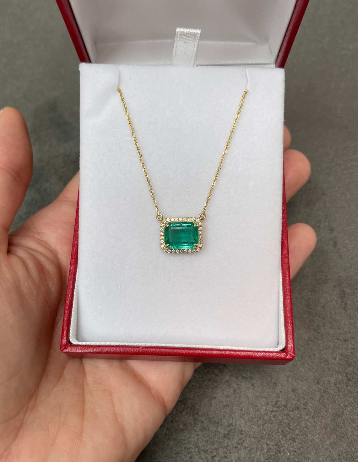 4.0tcw East To West Natural Rare Bluish Green Rectangle Emerald & Diamond Halo Stationary Necklace 14K