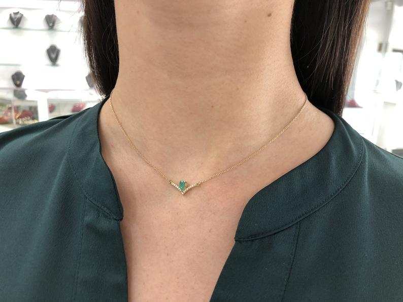 0.45tcw Natural Emerald Pear & Accented Diamond V Necklace 14K