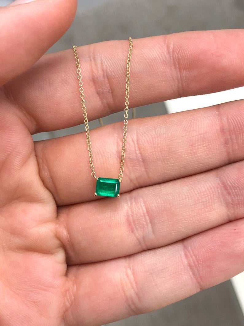 0.80 Carat Medium Dark Green Emerald Solitaire East to West Necklace 14K