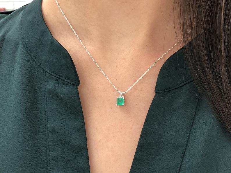0.90 Carat Asscher Emerald Carved Scroll Solitaire Pendant Chain Gold 14K