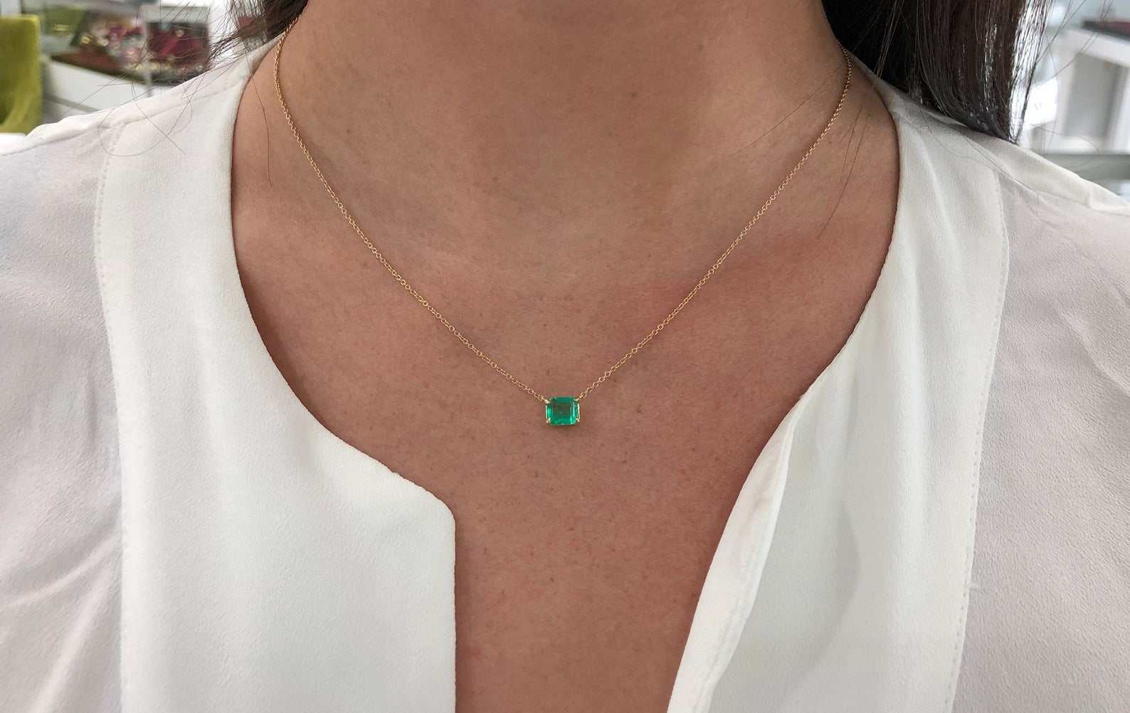 East to West Emerald Cut Stationary Necklace 14K