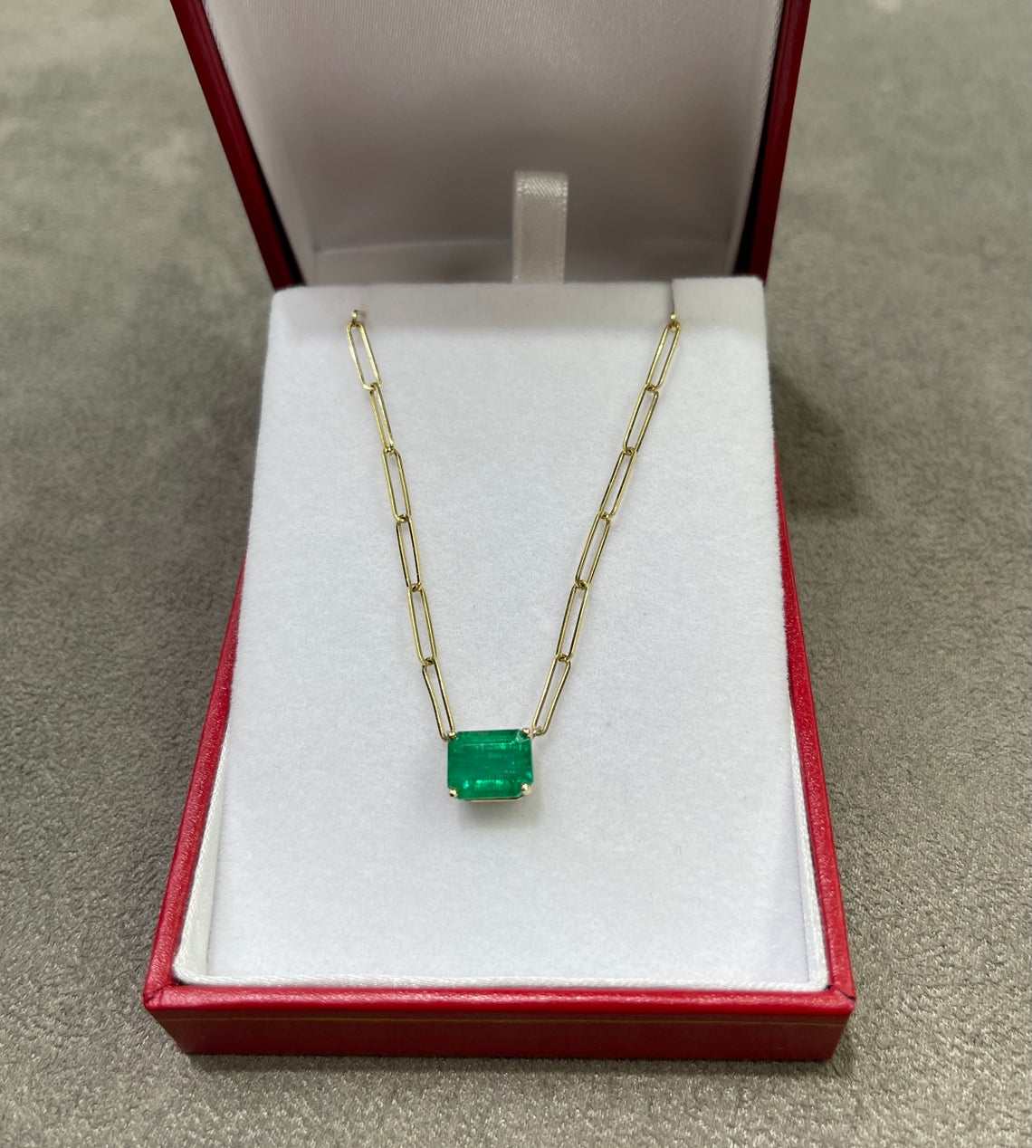 East to West Emerald Paper Clip Gold Emerald Necklace