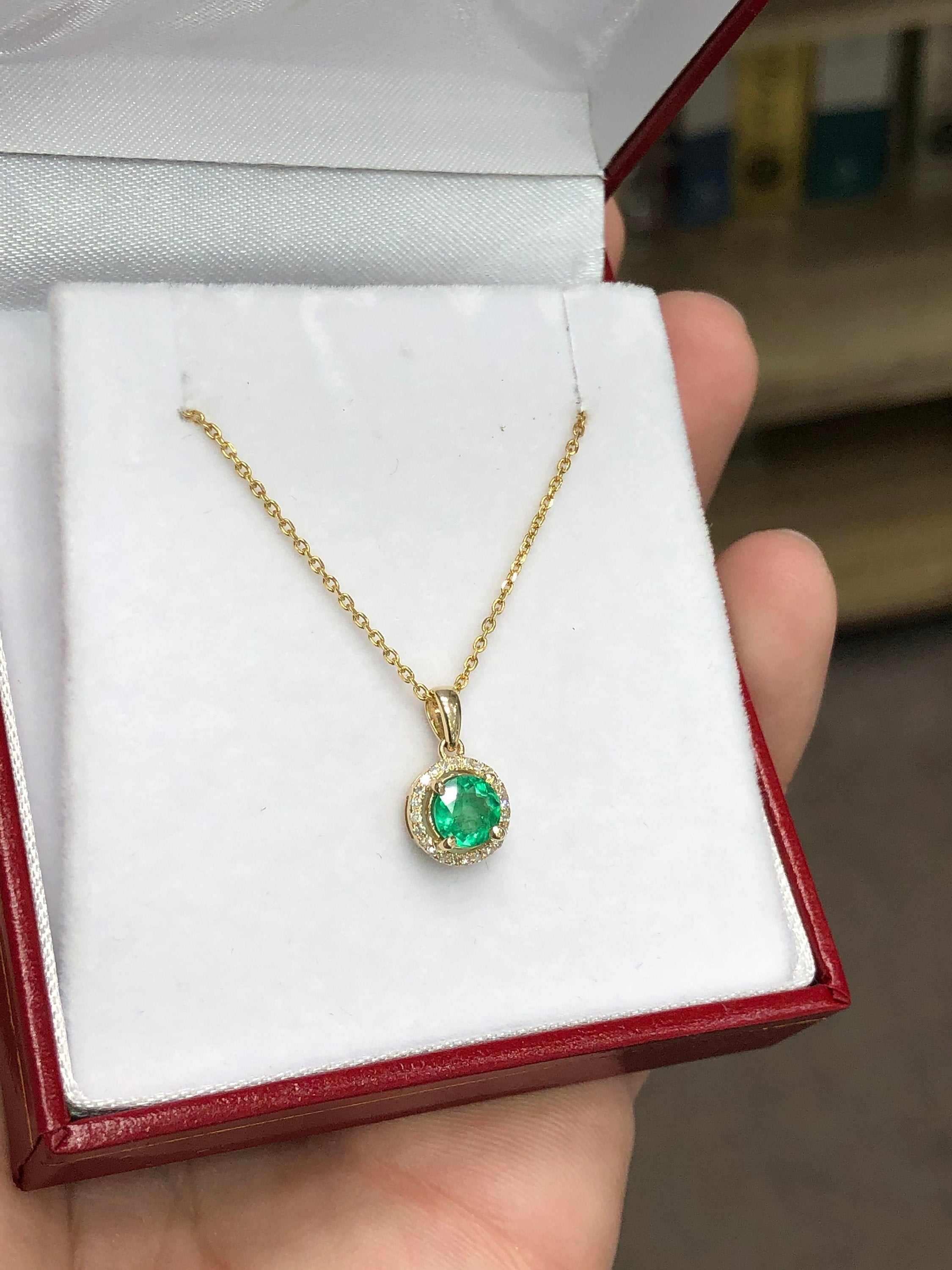 0.80tcw Natural Round Rich Green Emerald & Diamond Pave Halo Pendant 14K