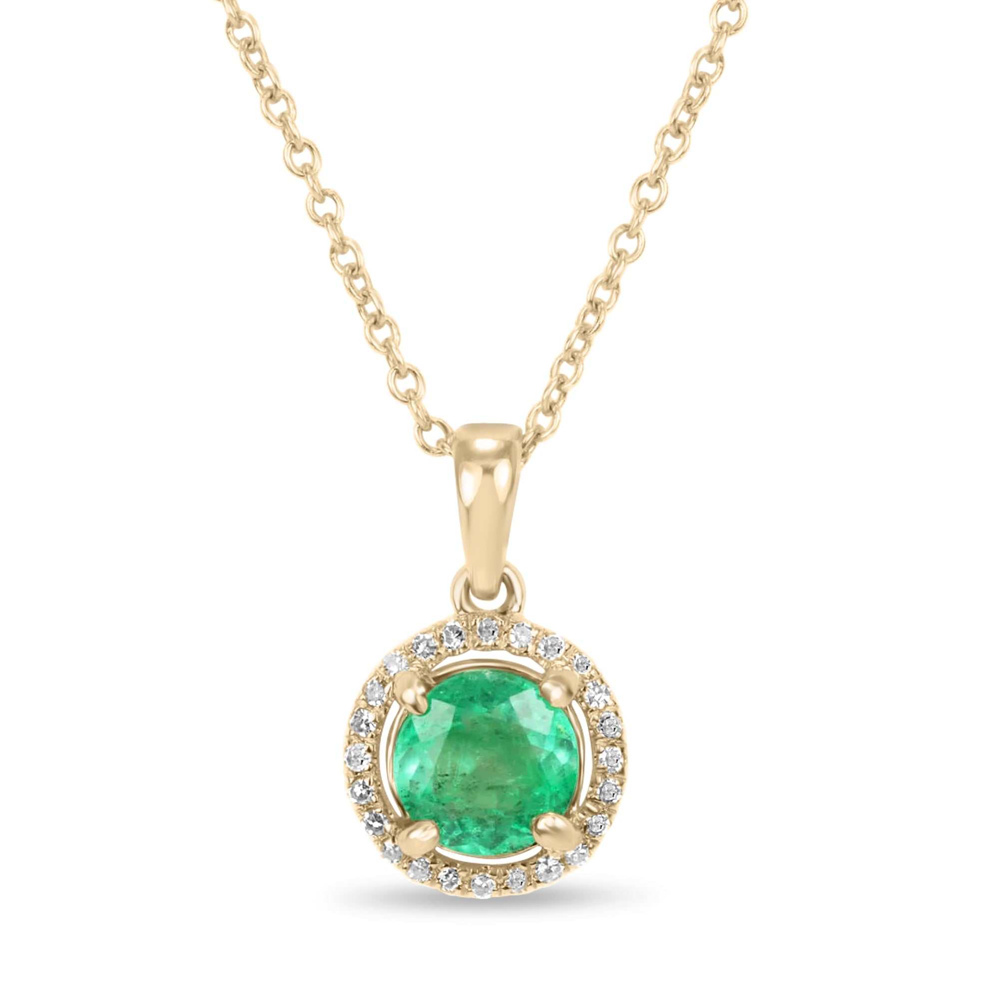 0.80tcw Natural Round Rich Green Emerald & Diamond Pave Halo Pendant 14K - JR Colombian Emeralds