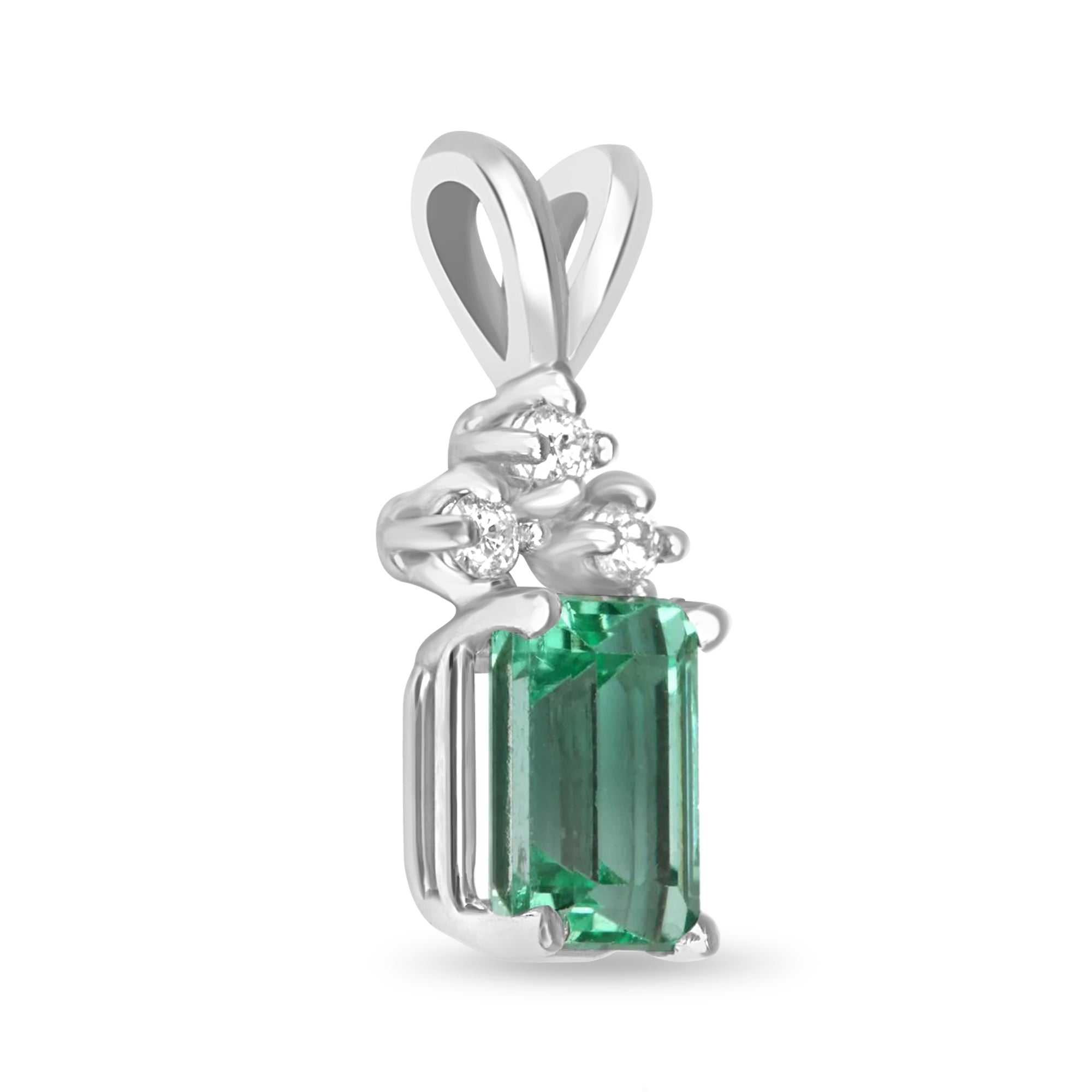 1.56tcw Petite Emerald-Emerald Cut & 3 Diamond Accent Necklace 14K - JR Colombian Emeralds