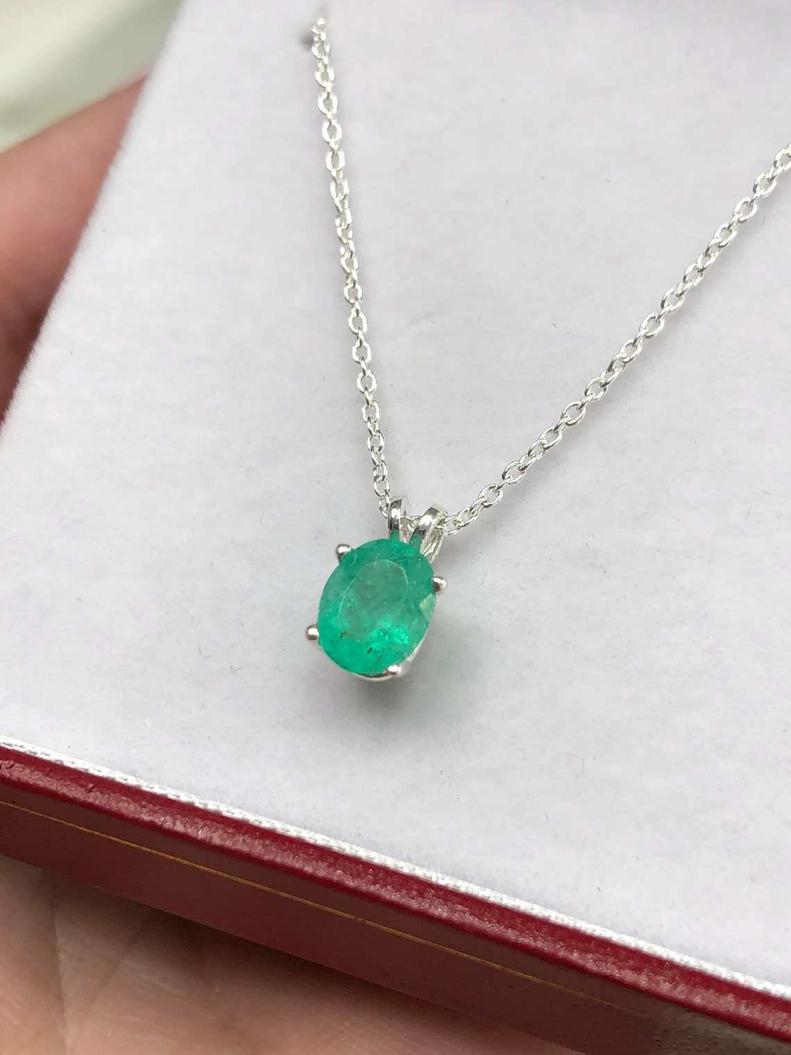 1.50 Carat Oval Emerald Colombian Emerald Sterling Necklace