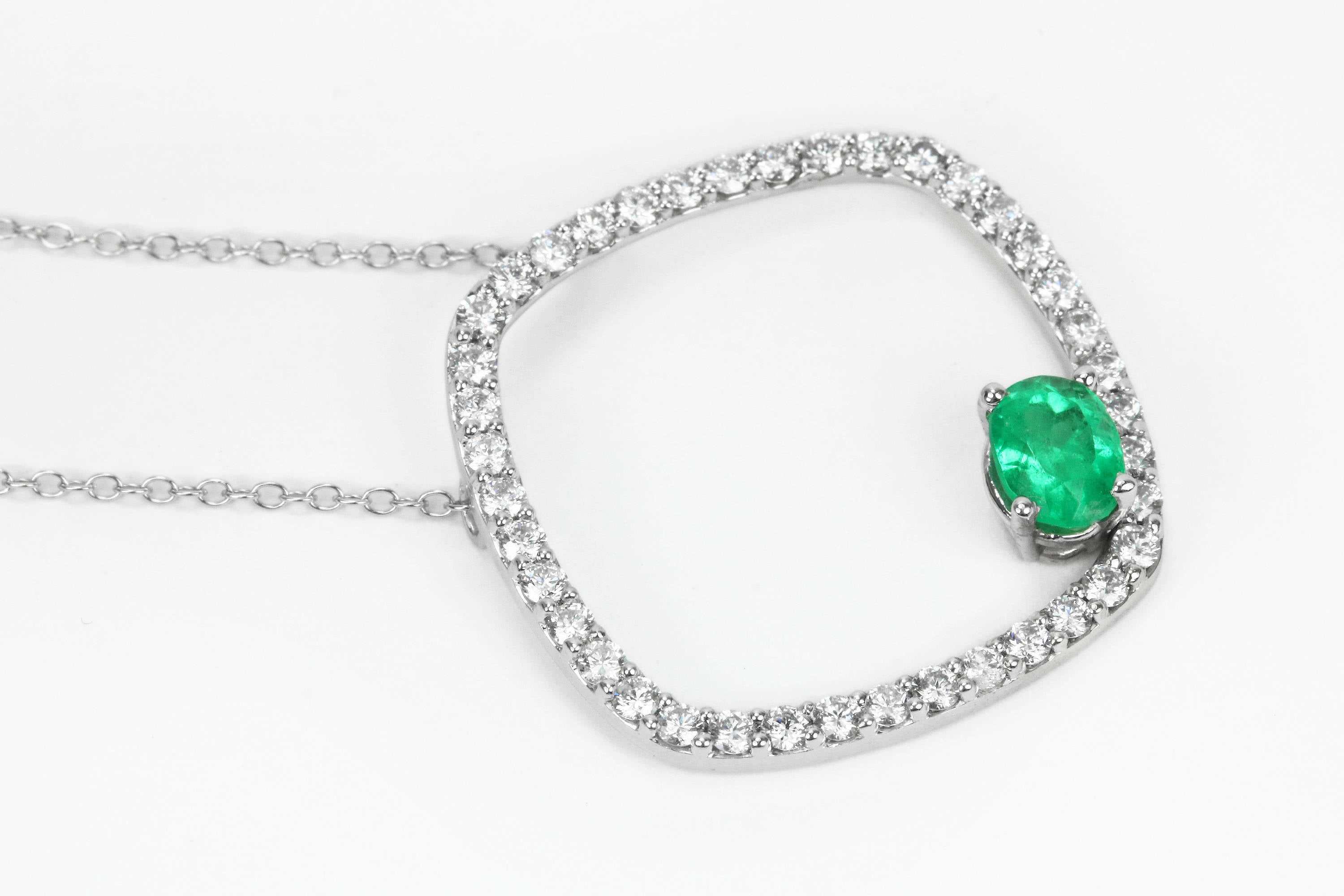 Floating Oval Emerald & Diamond Open Halo Necklace 14K