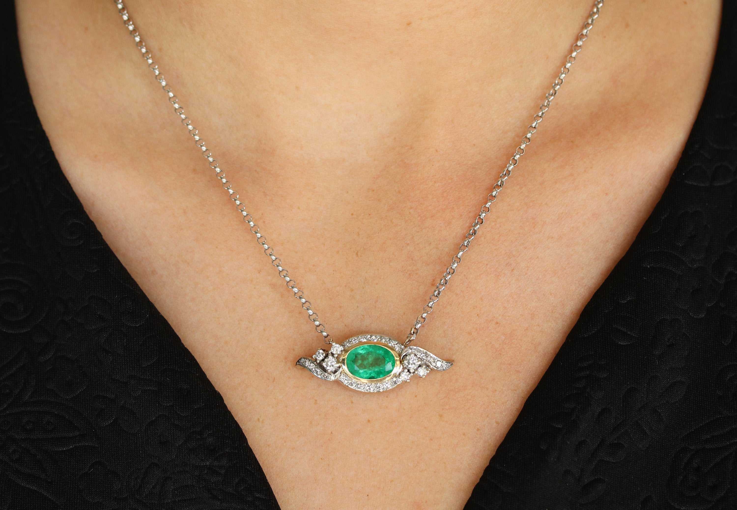 5.05tcw Emerald Necklace, Oval Emerald & Diamond Necklace, Vintage Emerald Diamond Necklace, Emerald Anniversary Gift, Gold 14K