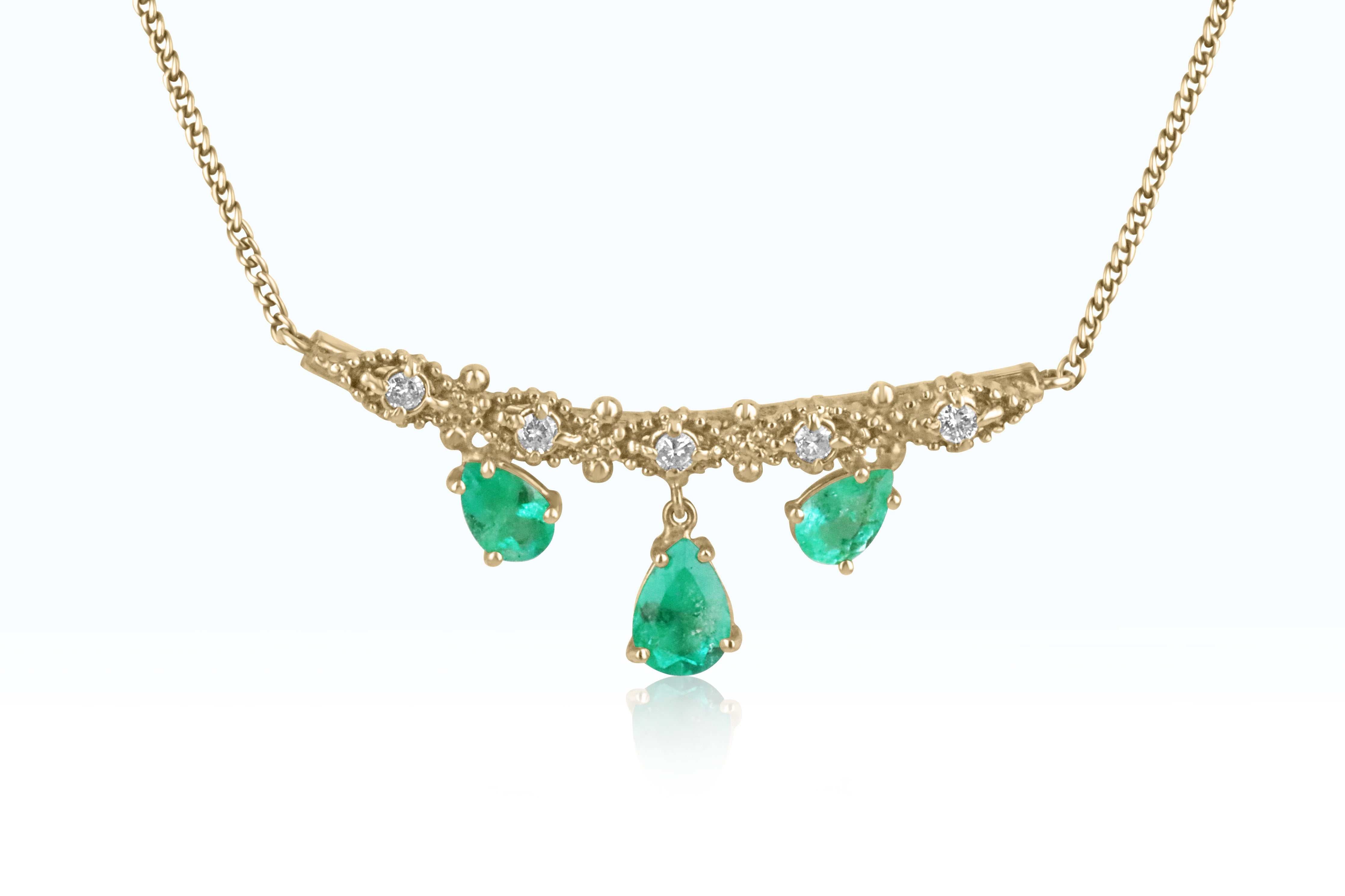 6.70tcw Bib Vintage Emerald Pear & Diamond Necklace 14K - JR Colombian Emeralds