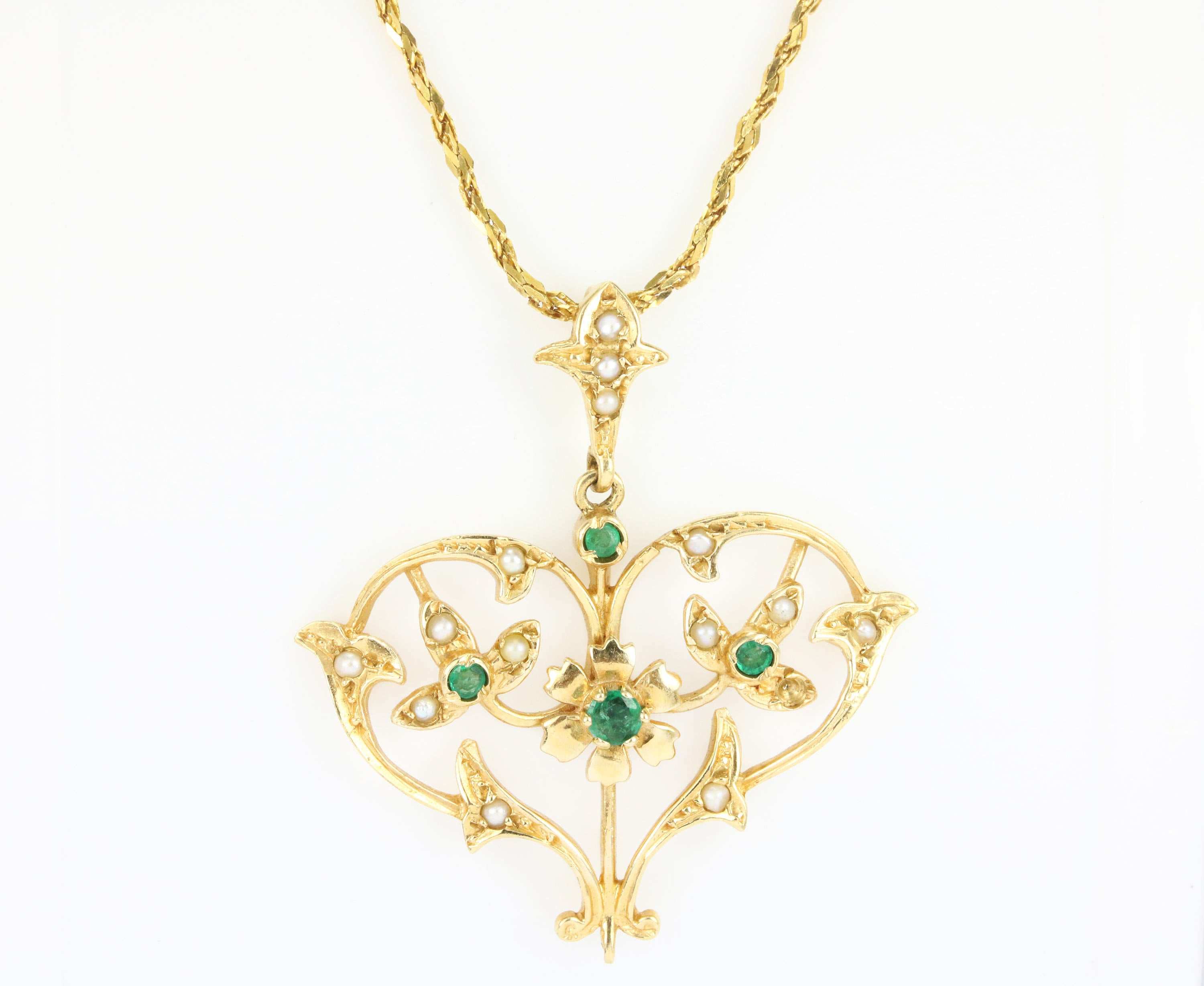 Victorian Colombian Emerald & Seed Pearl Heart Shaped Pendant 14K