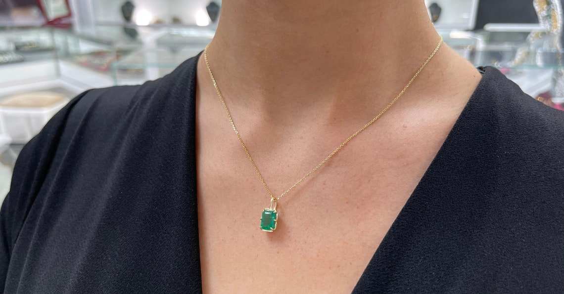 Natural Dark Green Emerald Georgian Styled Solitaire Pendant 14K