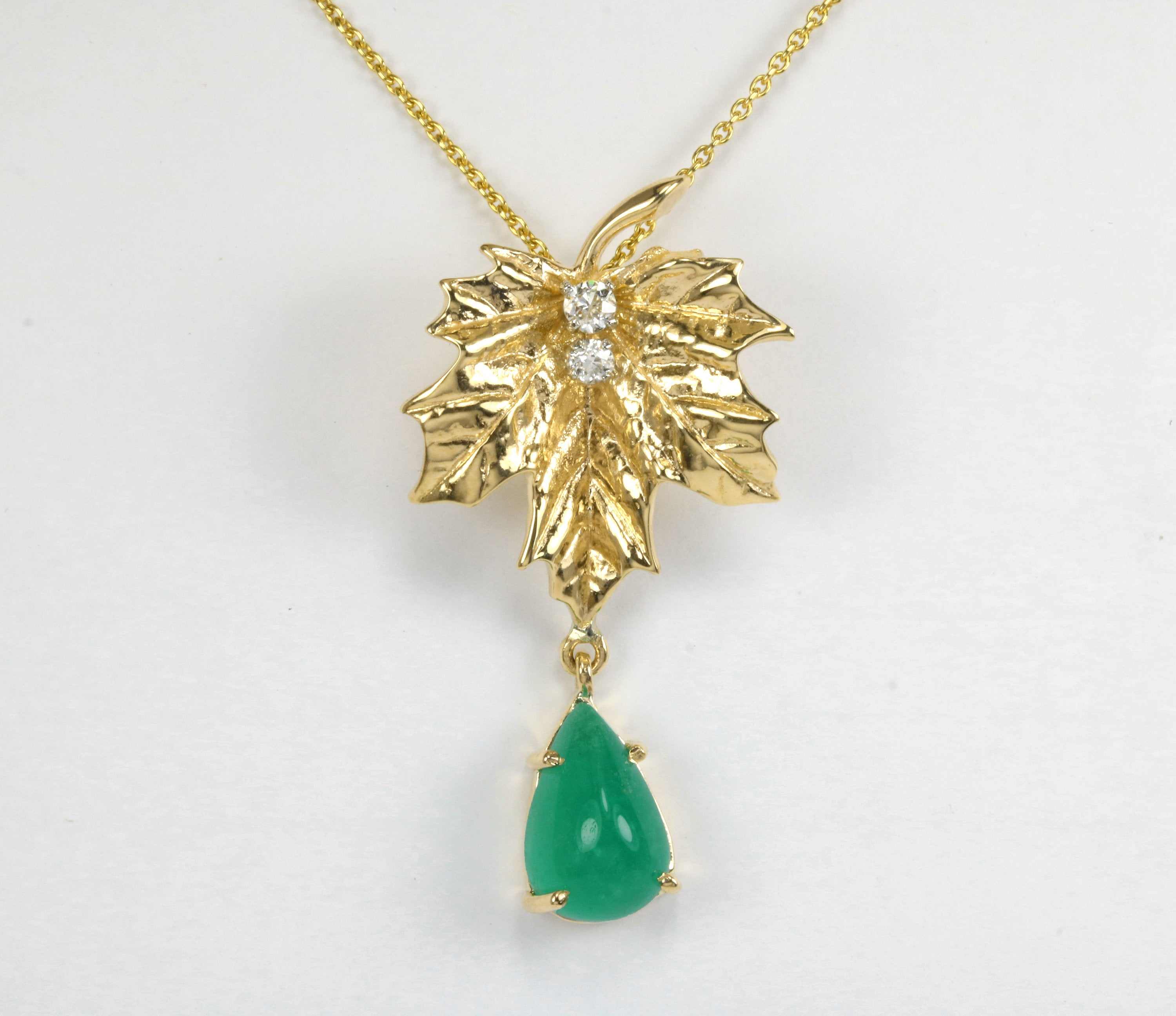 4.05tcw Maple Leaf Emerald & Diamond 14K Unique Drop Pendant
