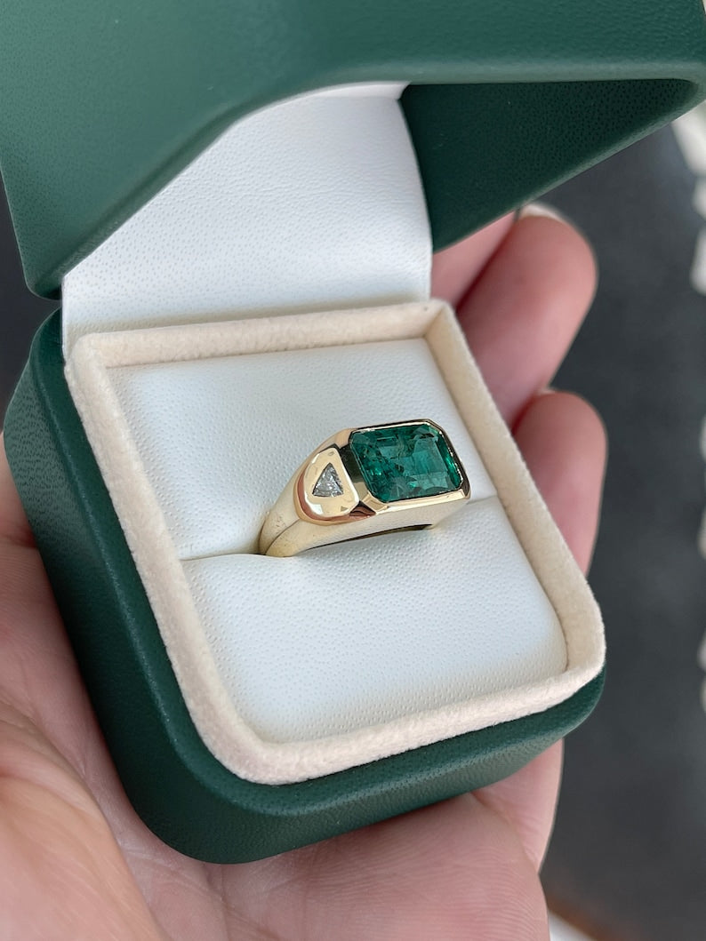 4.21tcw 14K Gold Dark Green East to West Emerald & Trillion Cut Diamond 3 Stone Ring - JR Colombian Emeralds