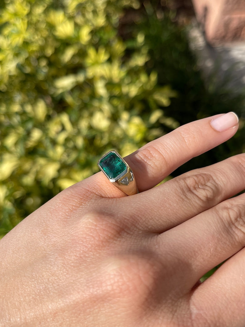 4.21tcw 14K Gold Dark Green East to West Emerald & Trillion Cut Diamond 3 Stone Ring - JR Colombian Emeralds