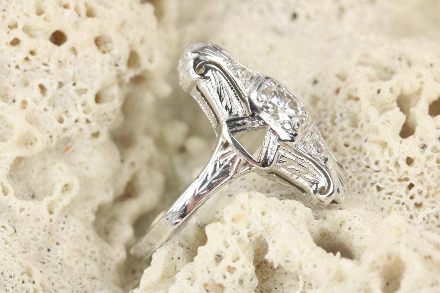 1/2ct Art Deco EMC Diamond Navette Ring 14K