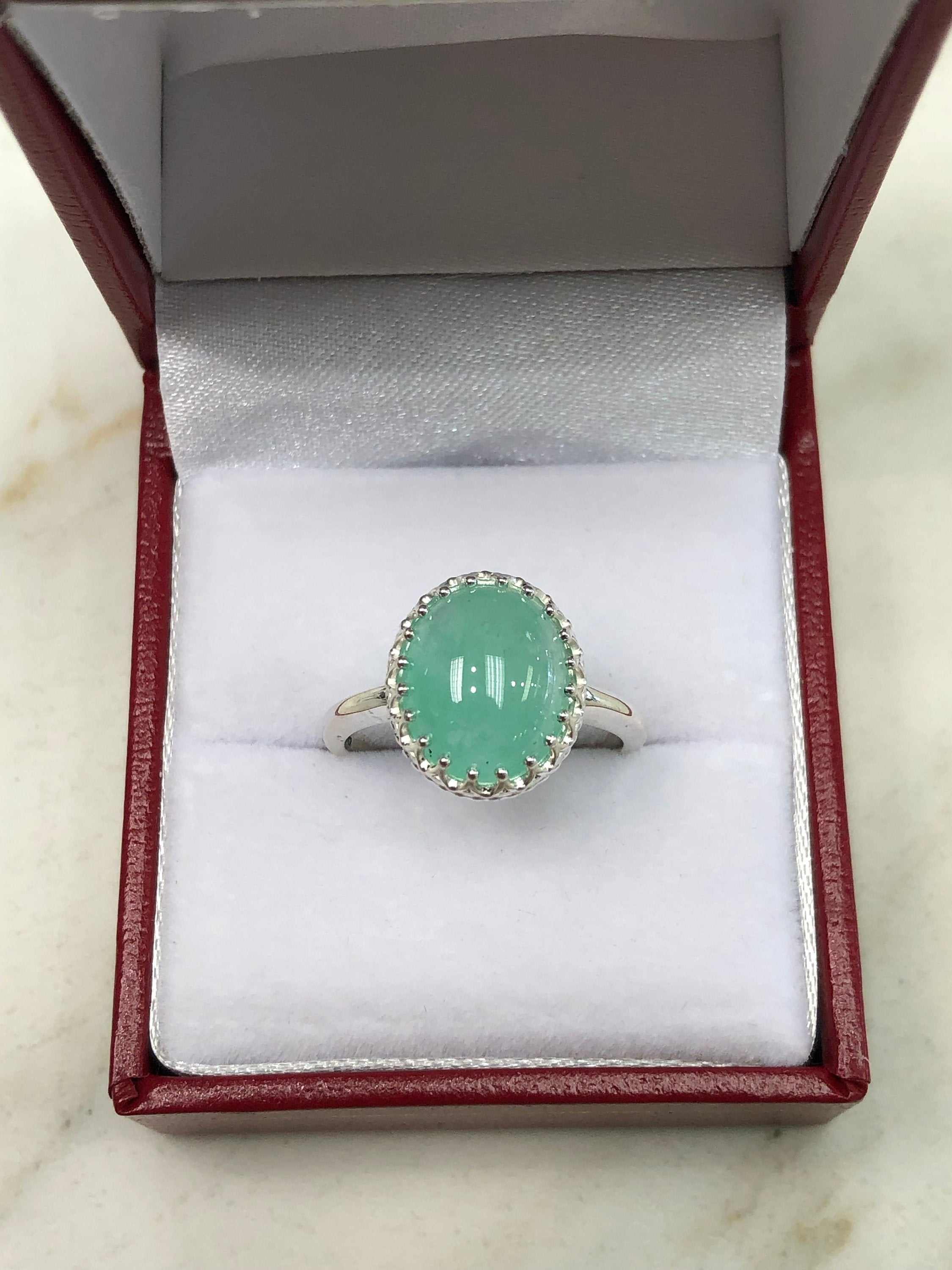 3.70cts Cabochon Emerald Solitaire Silver Engagement Ring s