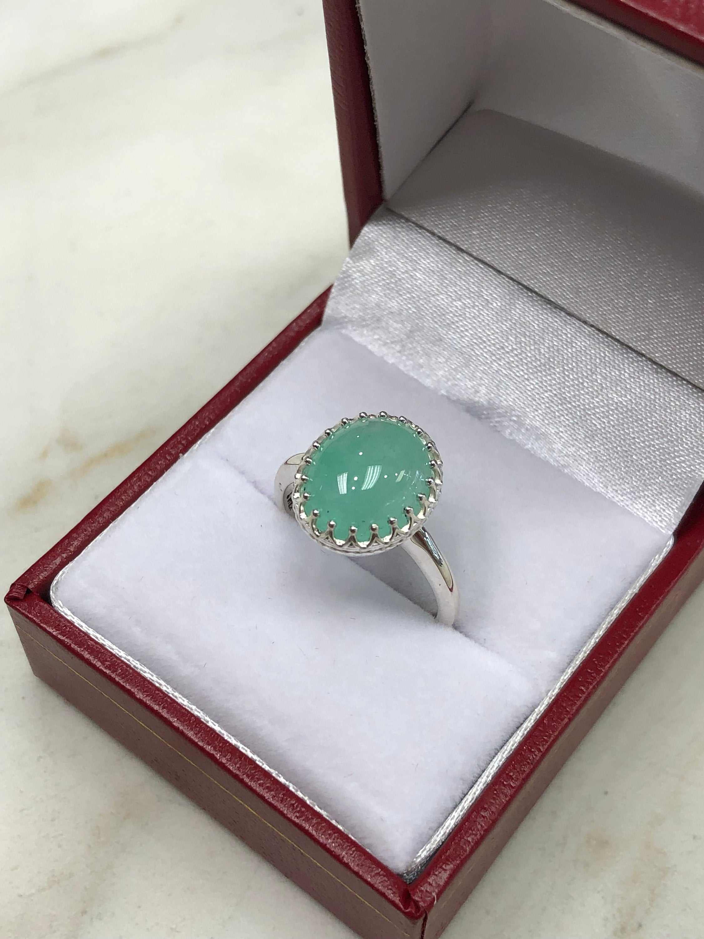 3.70cts Cabochon Emerald Solitaire Silver Engagement Ring