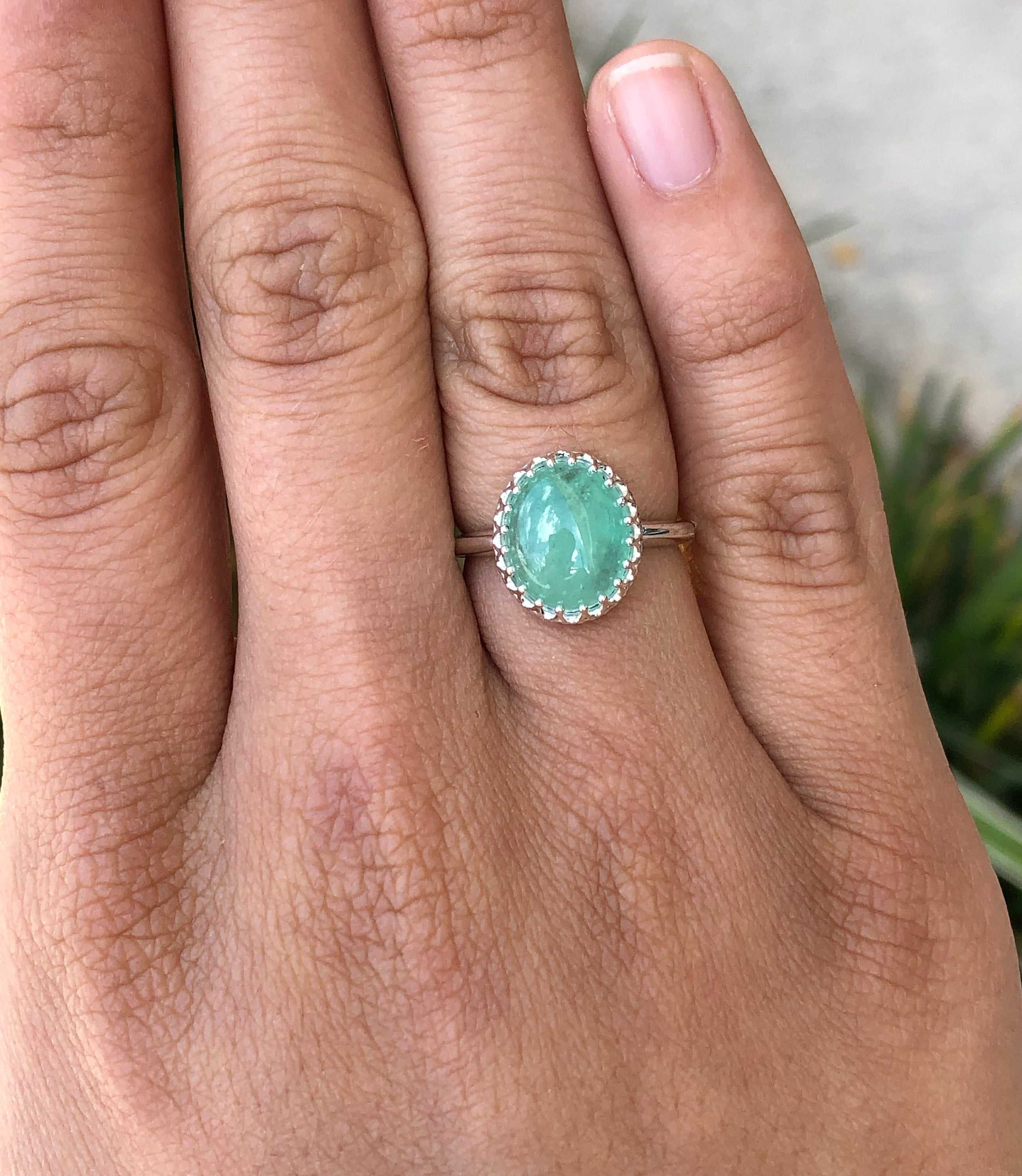 3.70cts Cabochon Emerald Solitaire Silver Engagement Ring