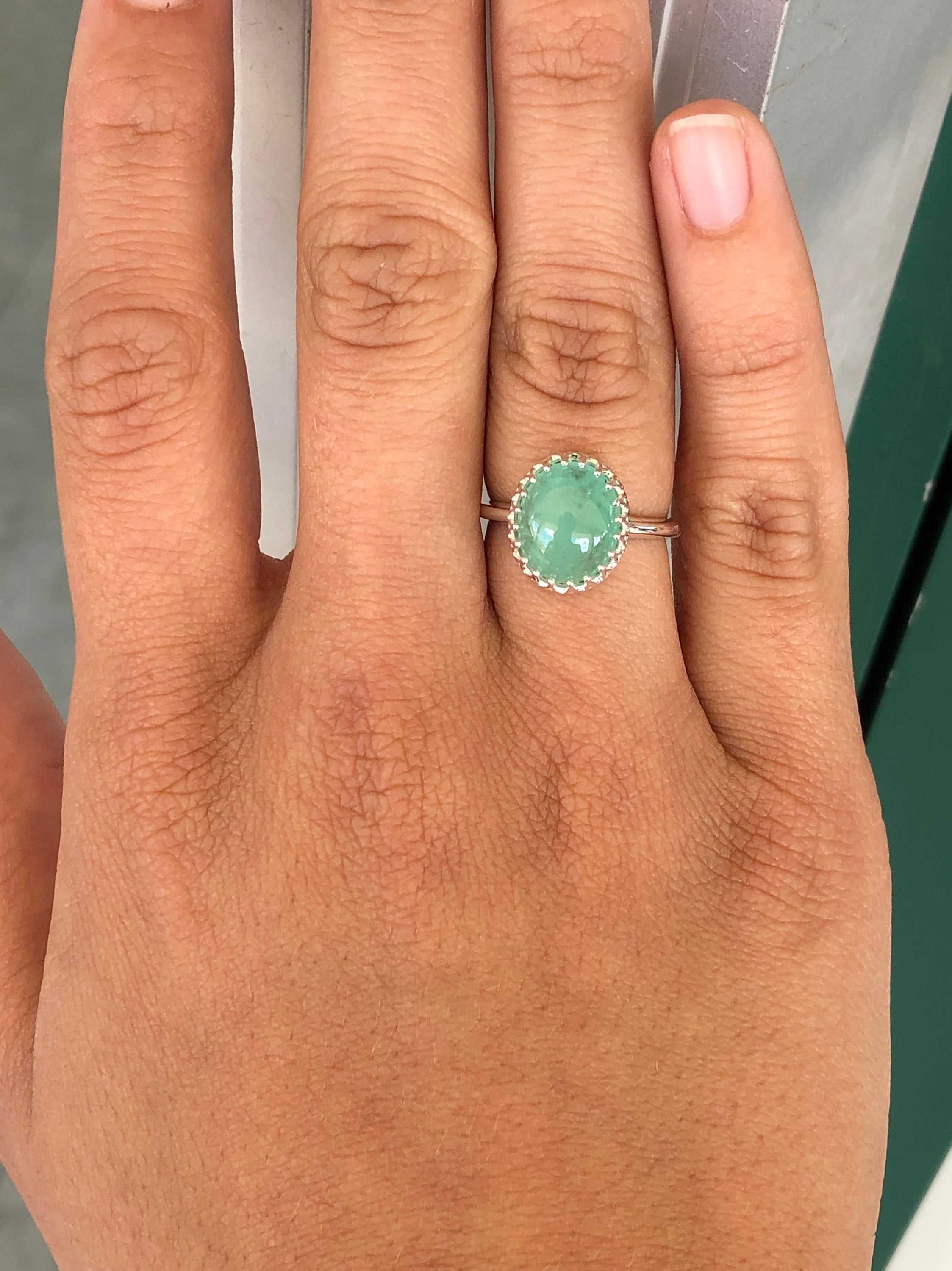 3.70cts Cabochon Emerald Solitaire Silver Engagement Ring