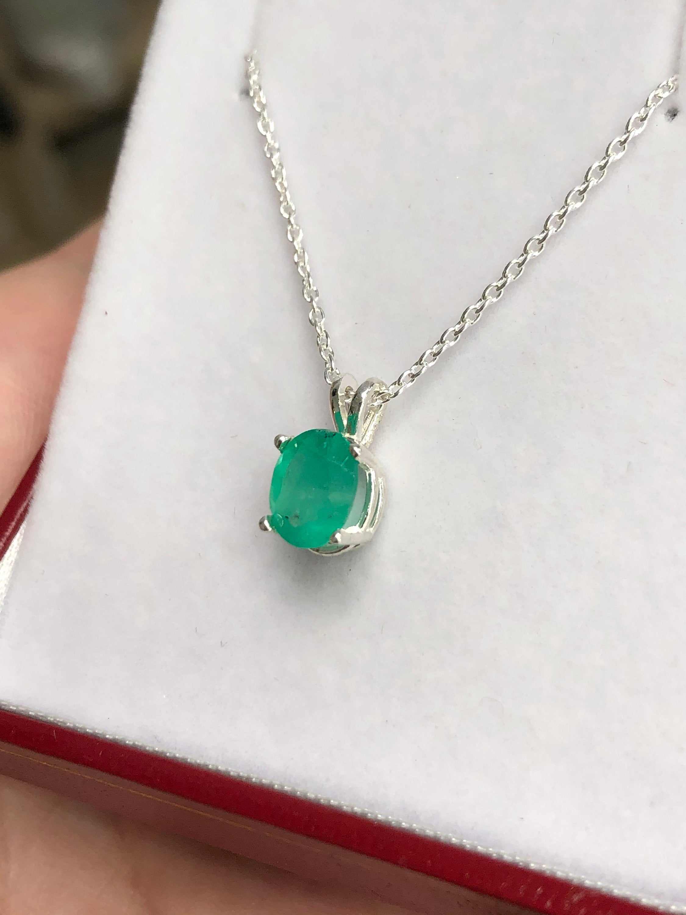 1.60 Carat MAY Emerald Oval Cut Pendant Sterling Silver 18" Neck 925
