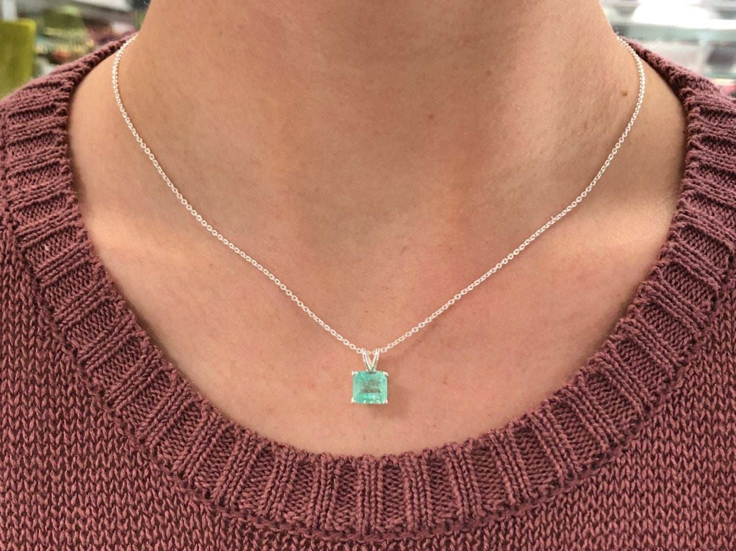 2.10 Carat Asscher Shape Emerald Four Prong Solitaire Necklace Sterling Silver 925