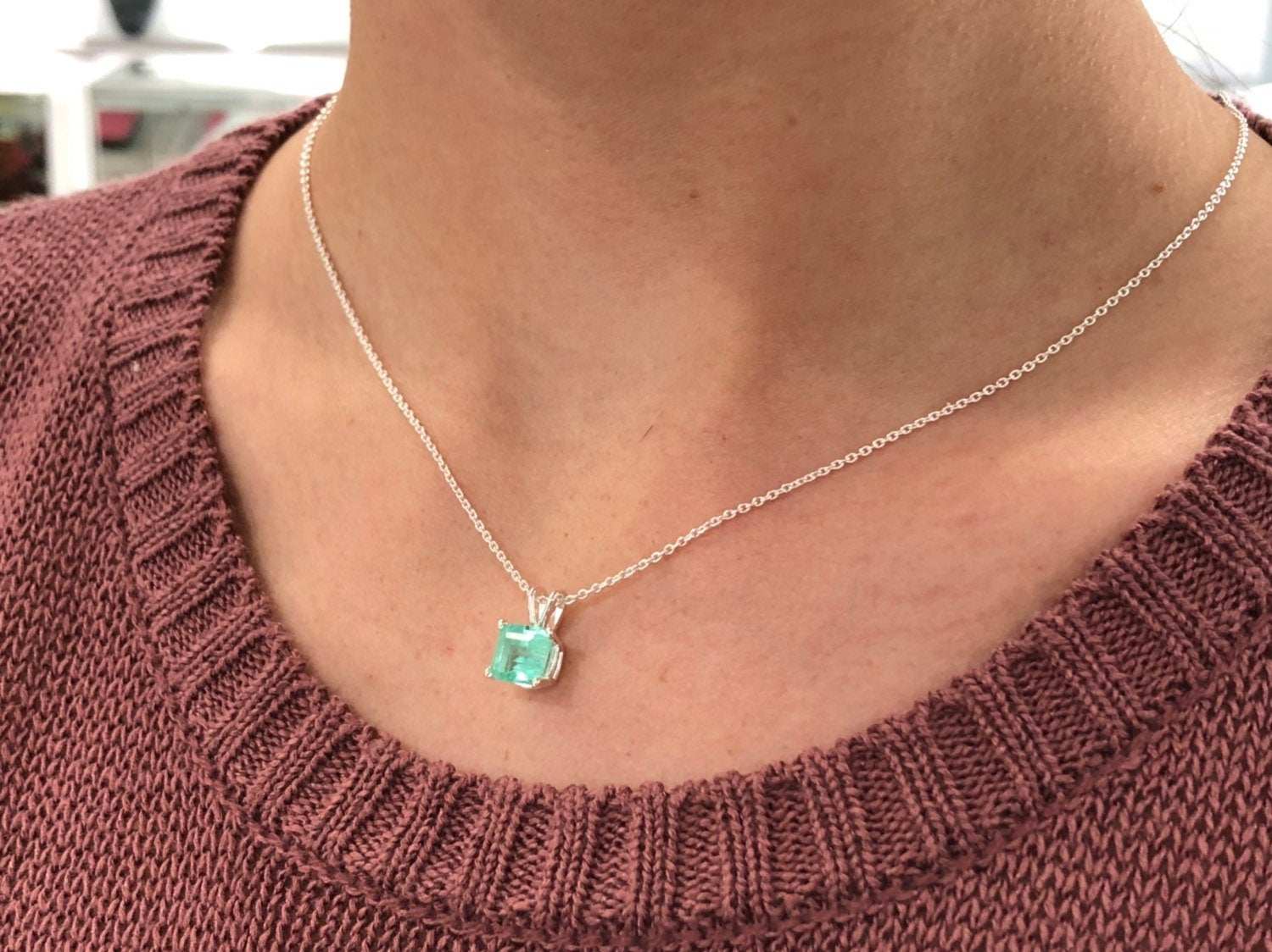 2.10 Carat Asscher Shape Emerald Four Prong Solitaire Necklace Sterling Silver 925