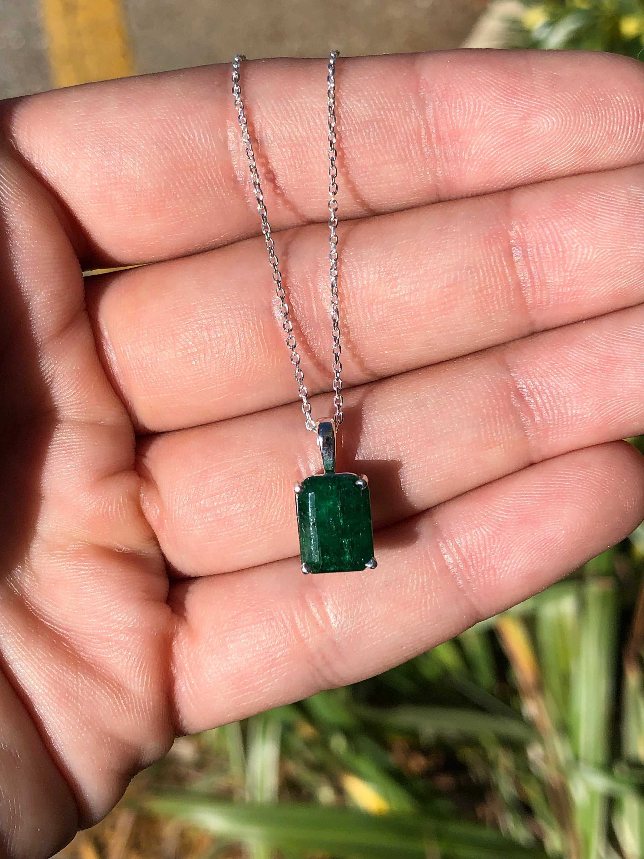3.0 Carats Dark Green Emerald Necklace Sterling