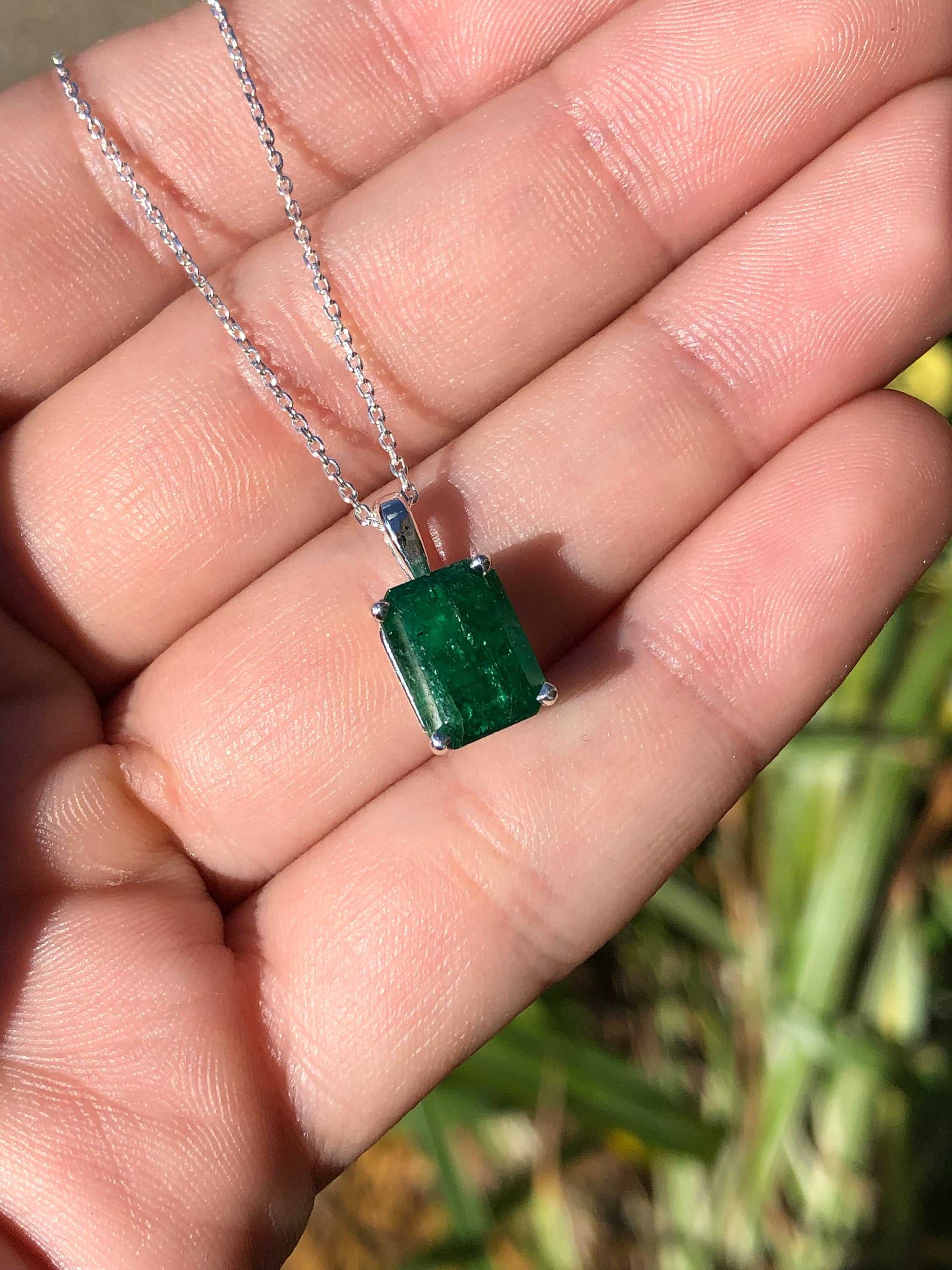 3.0 Carats Dark Green Emerald Necklace Sterling girl