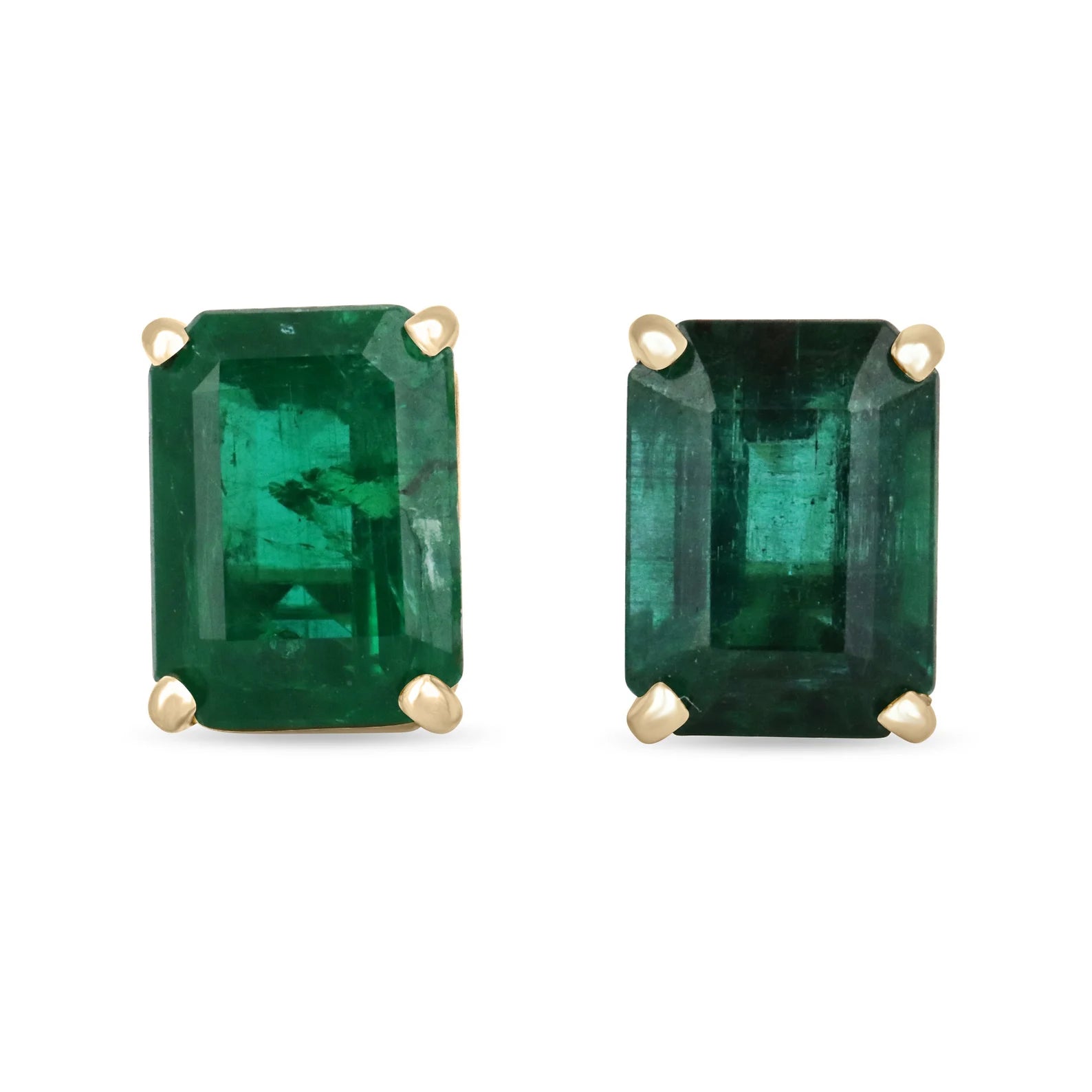 Vivid dark forest green emerald cut diamond stud earrings in solid 18K gold, featuring AAA 5.0TCW stones from JR Colombian Emeralds.