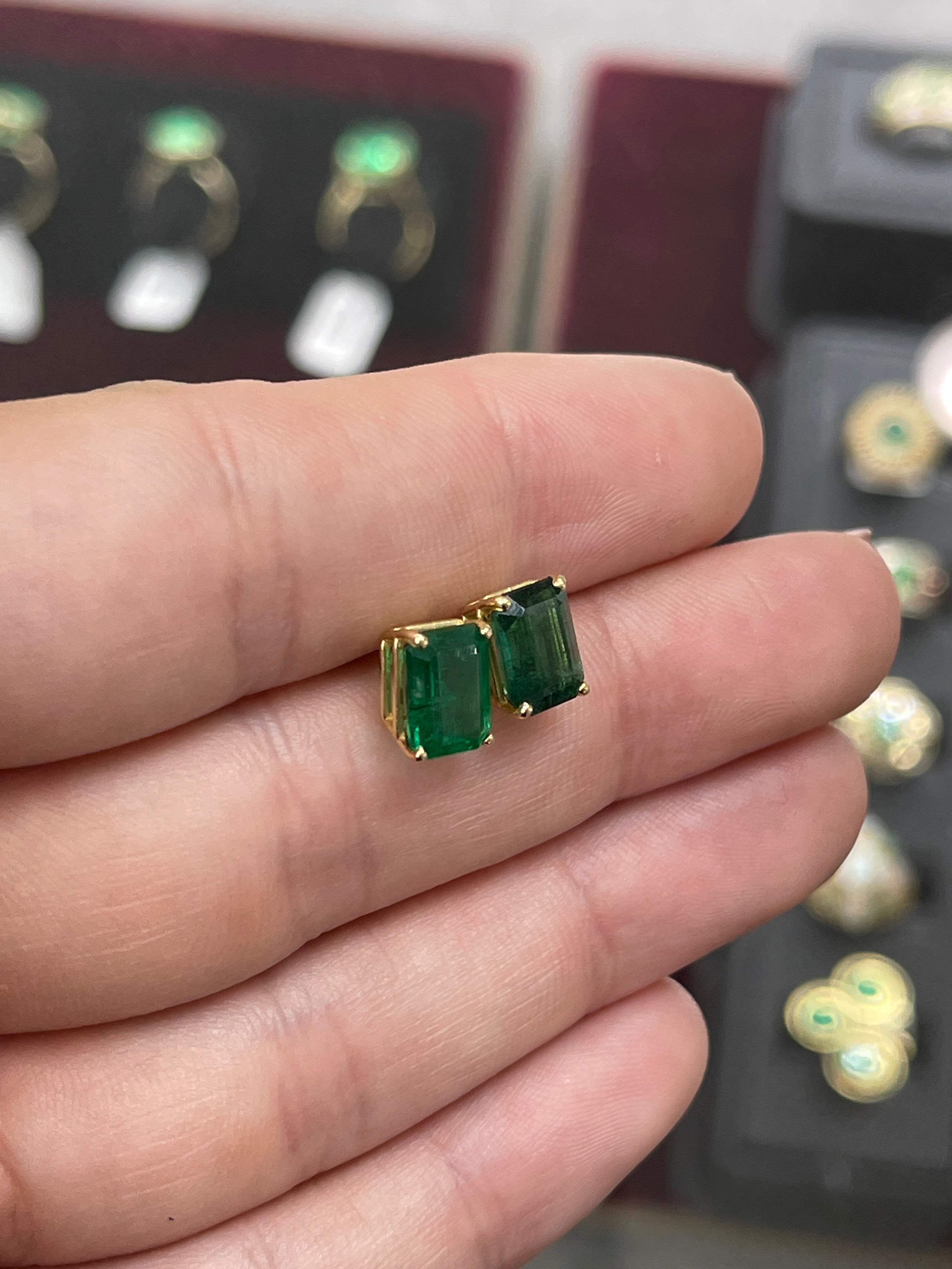 Vivid dark forest green AAA 5.0TCW emerald cut solitaire studs in solid 18K gold by JR Colombian Emeralds
