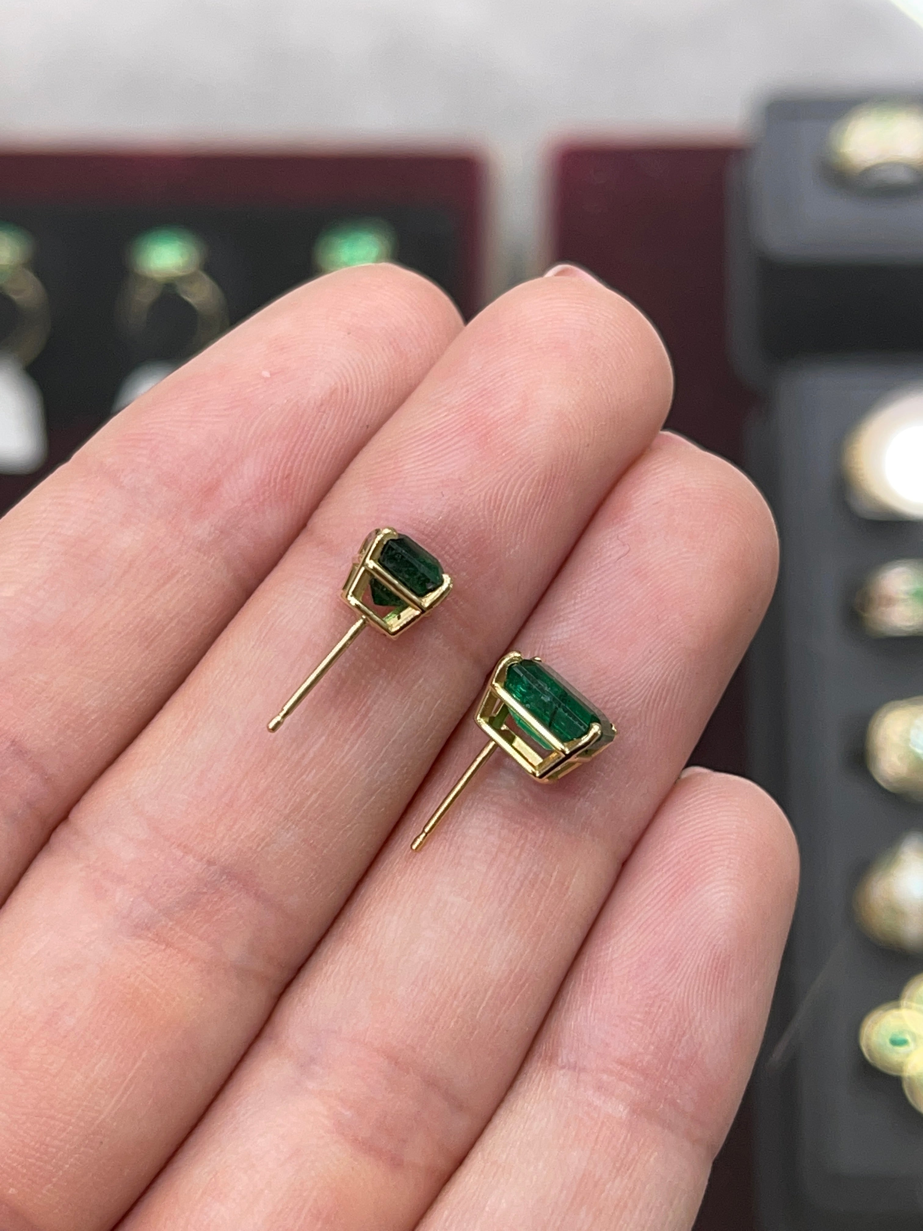 Vivid dark forest green AAA 5.0TCW emerald cut solitaire stud earrings in solid 18K gold by JR Colombian Emeralds