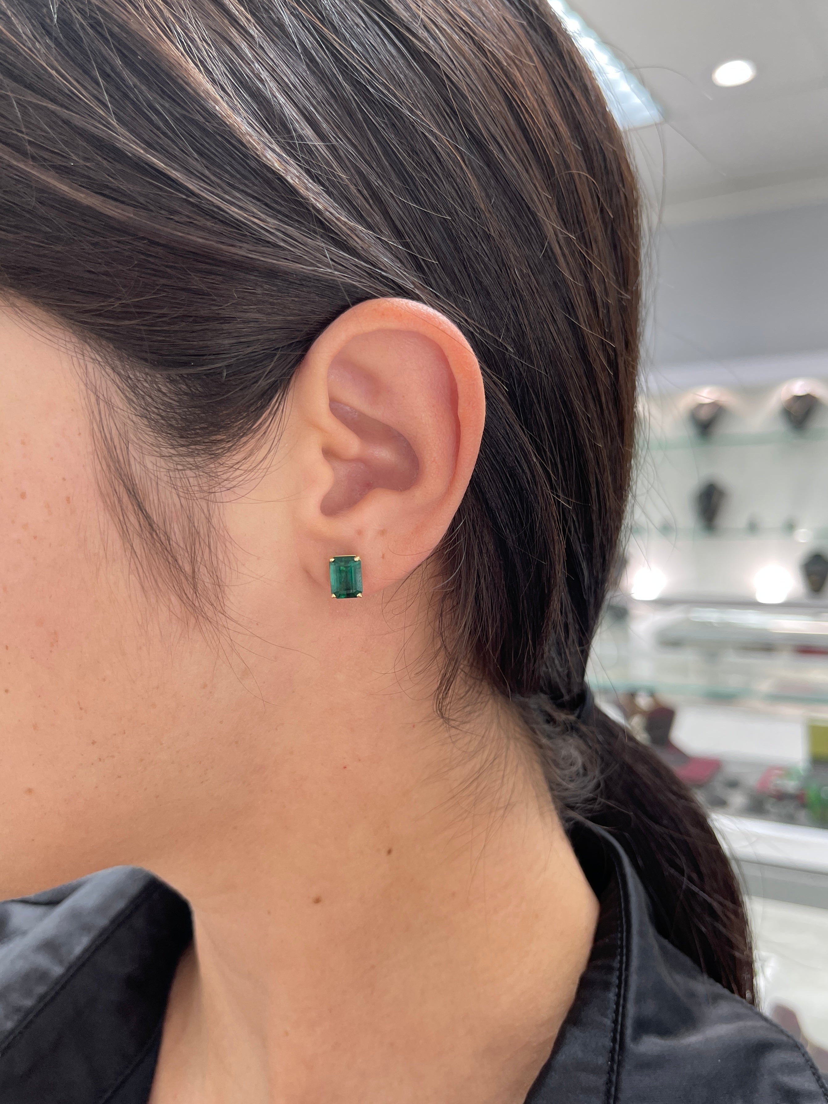 Vivid dark forest green AAA 5.0TCW emerald cut solitaire earrings in solid 18K gold by JR Colombian Emeralds