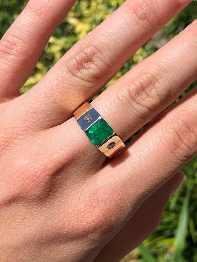 2.05tcw Men's Emerald & Diamond Three Stone Solitaire Ring 14K