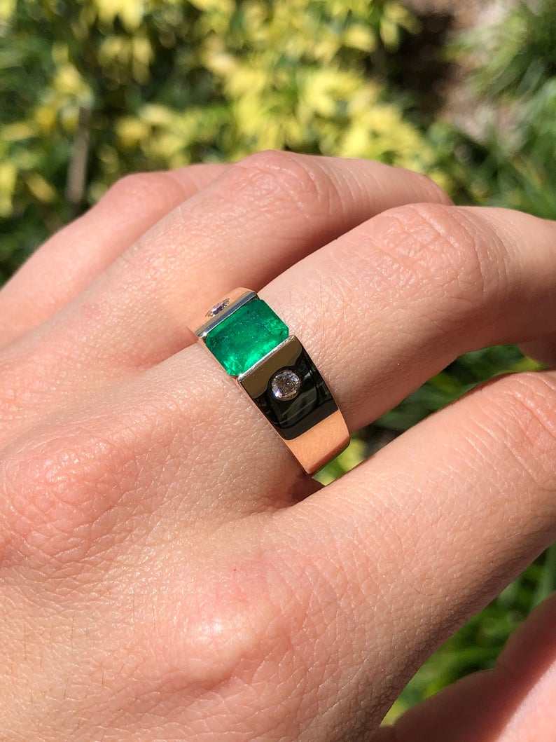 2.05tcw Men's Emerald & Diamond Three Stone Solitaire Ring 14K