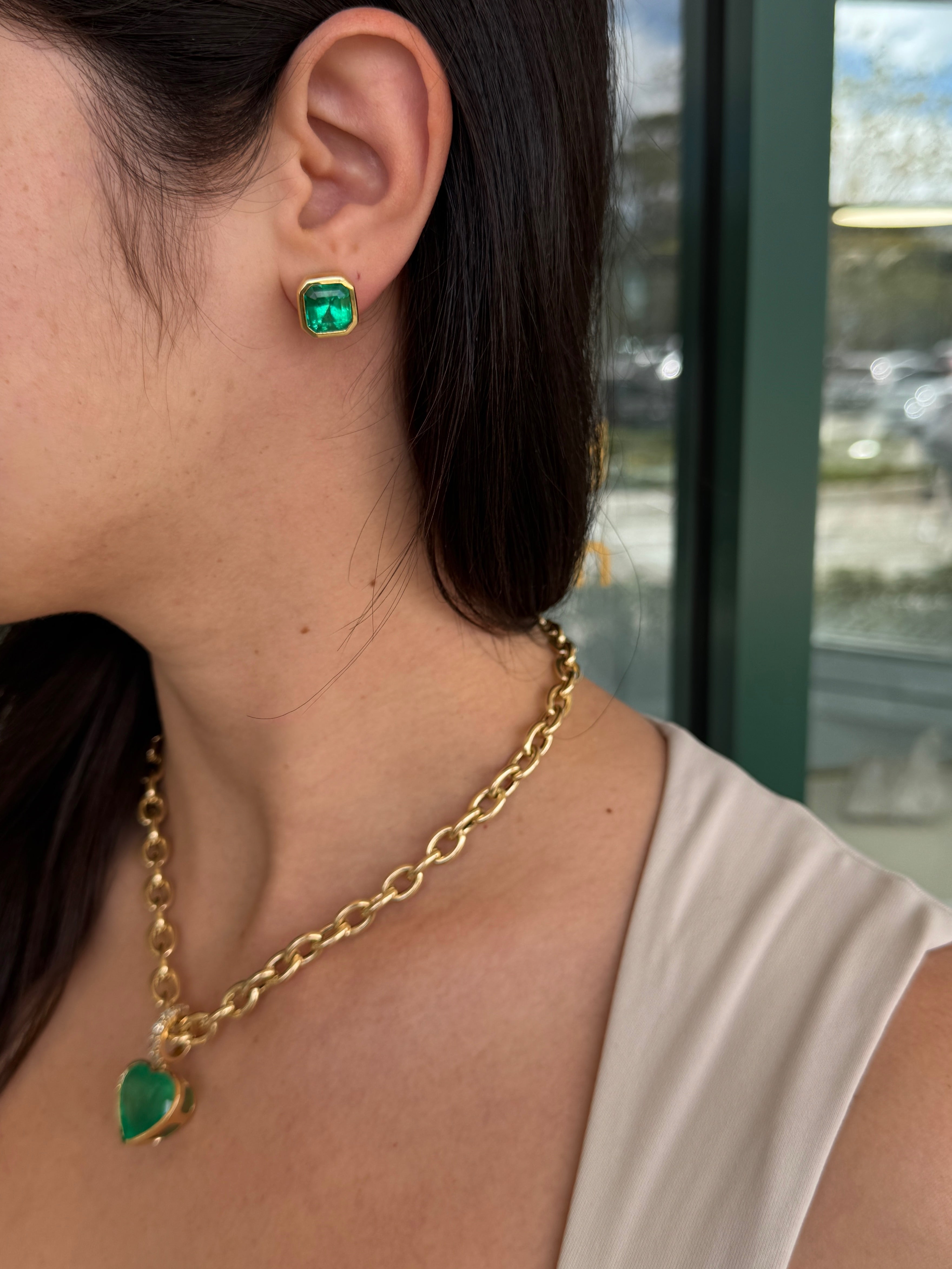 10.35tcw AAA+ RARE FIND Asscher Cut Colombian Emerald Bezel Set Studs 18K