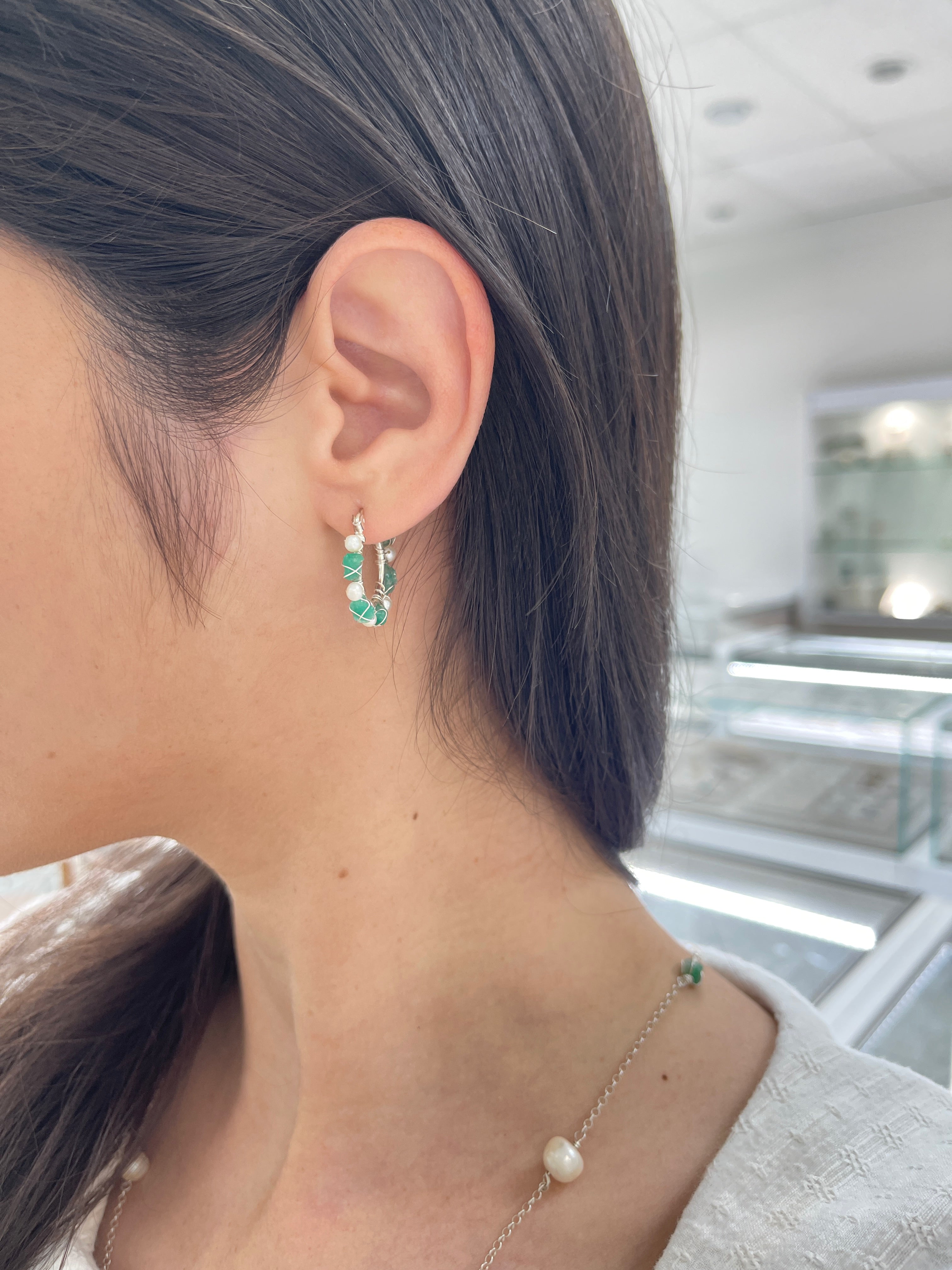 As seen on Instagram: Rough Colombian Emerald & Pearl Hoop Earrings Sterling Silver - JR Colombian Emeralds