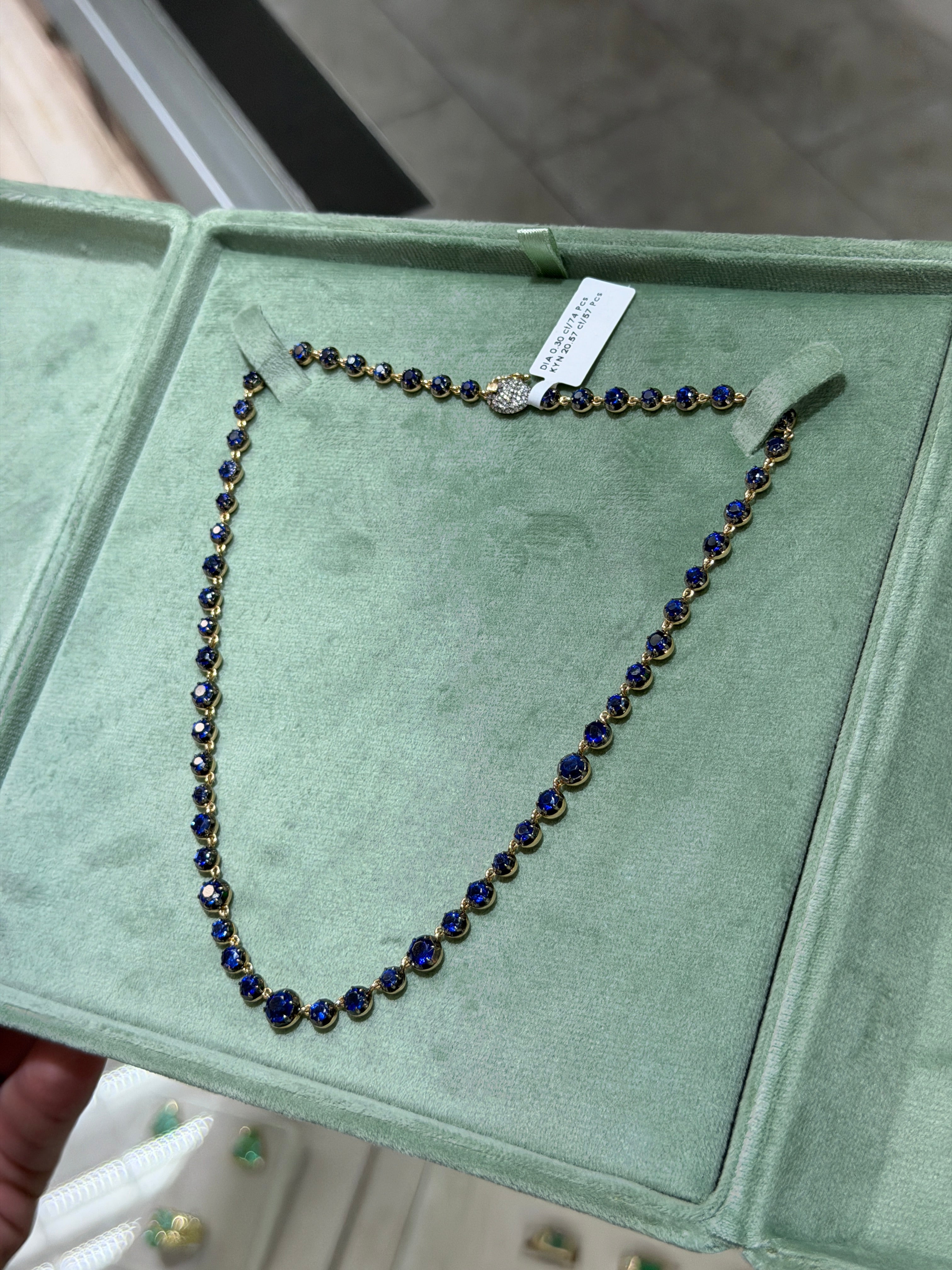 14K gold necklace with deep blue round cut Kyanite gemstones and diamond clasp, 17-inch button tennis jewelry by JR Colombian Emeralds