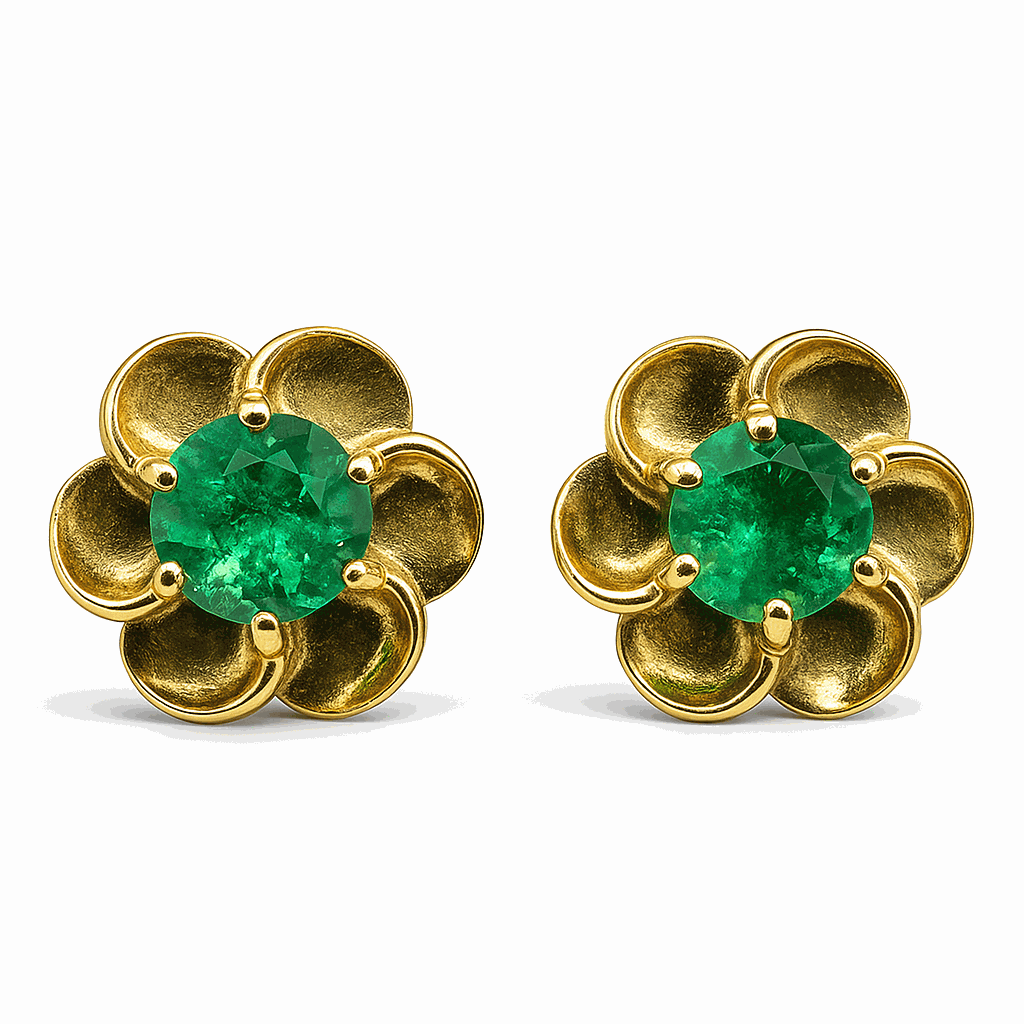 0.91tcw floral emerald stud solitaire earrings in 14K yellow gold with round Zambian emeralds