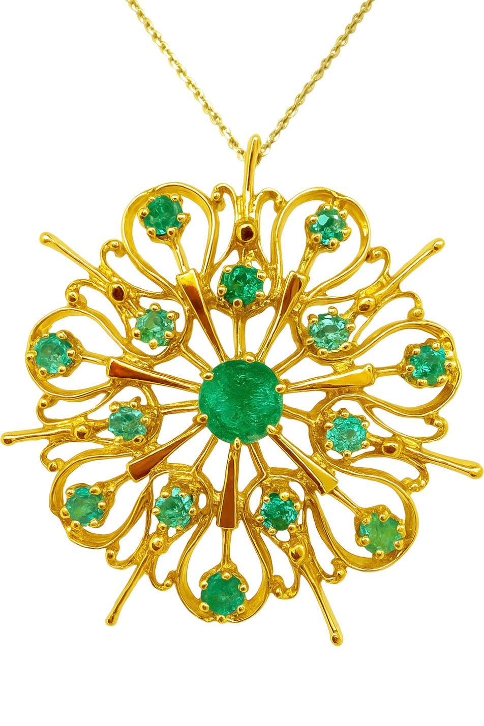 Vintage emerald starburst pendant necklace in 14K yellow gold with 2.91ct round emeralds and 18-inch chain
