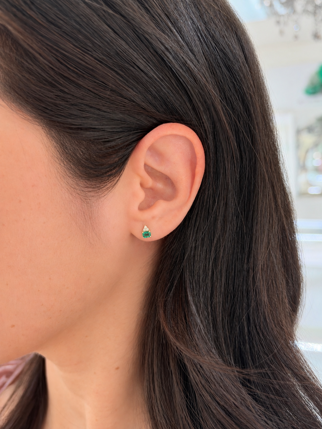 14K gold petite emerald and diamond trio stud earrings featuring natural emeralds and sparkling diamonds by JR Colombian Emeralds.
