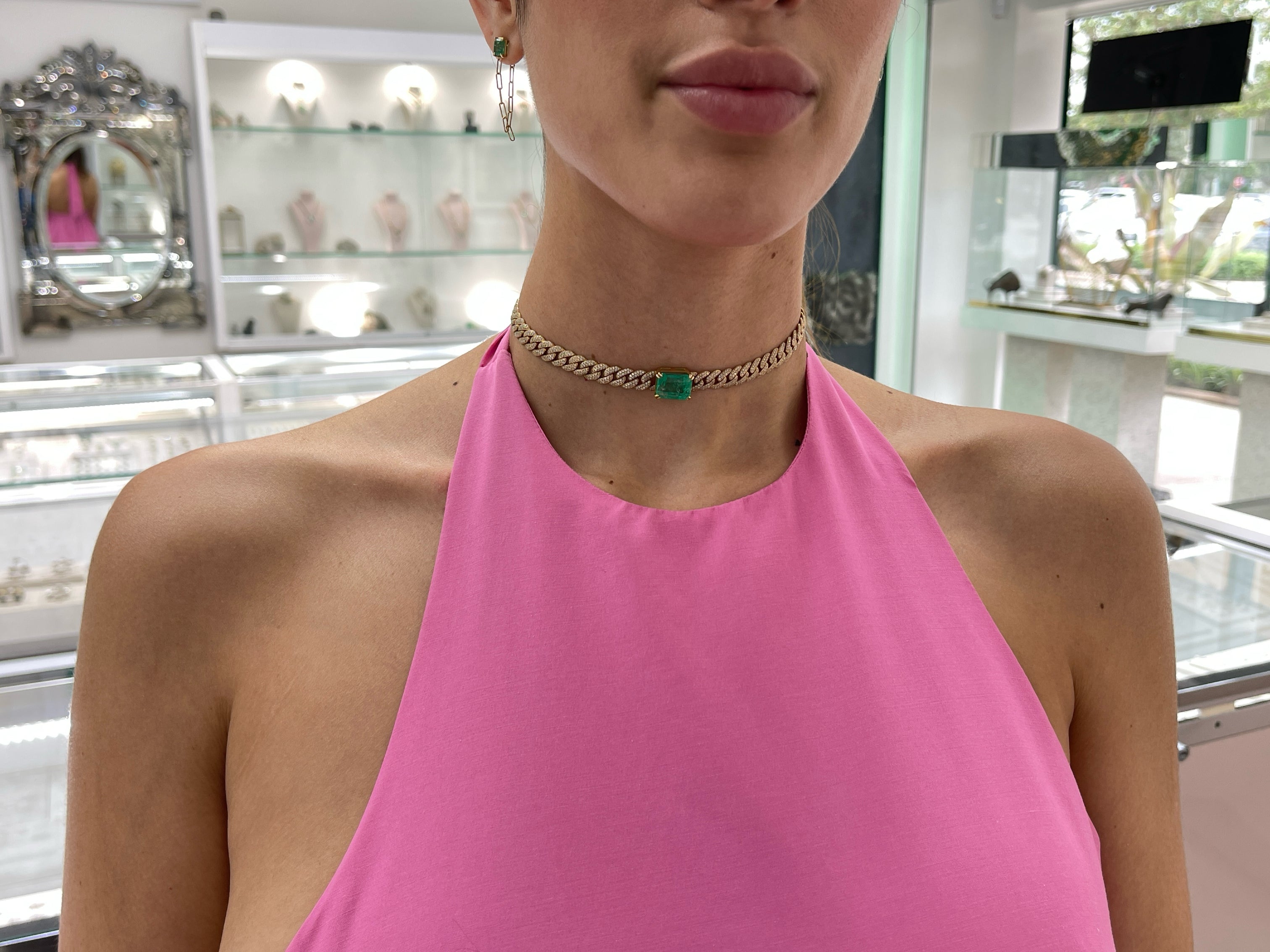 17.46tcw Colombian Emerald & Diamond Iced Out Choker Cuban Link 18K